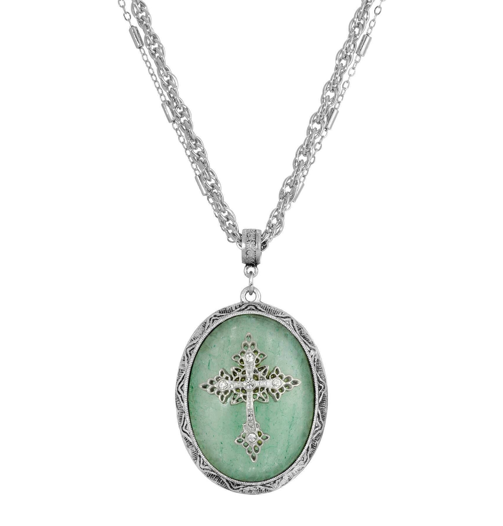 Symbols of Faith Multi Chain Oval Gemstone & Cross Pendant Necklace 18" + 3" Extender