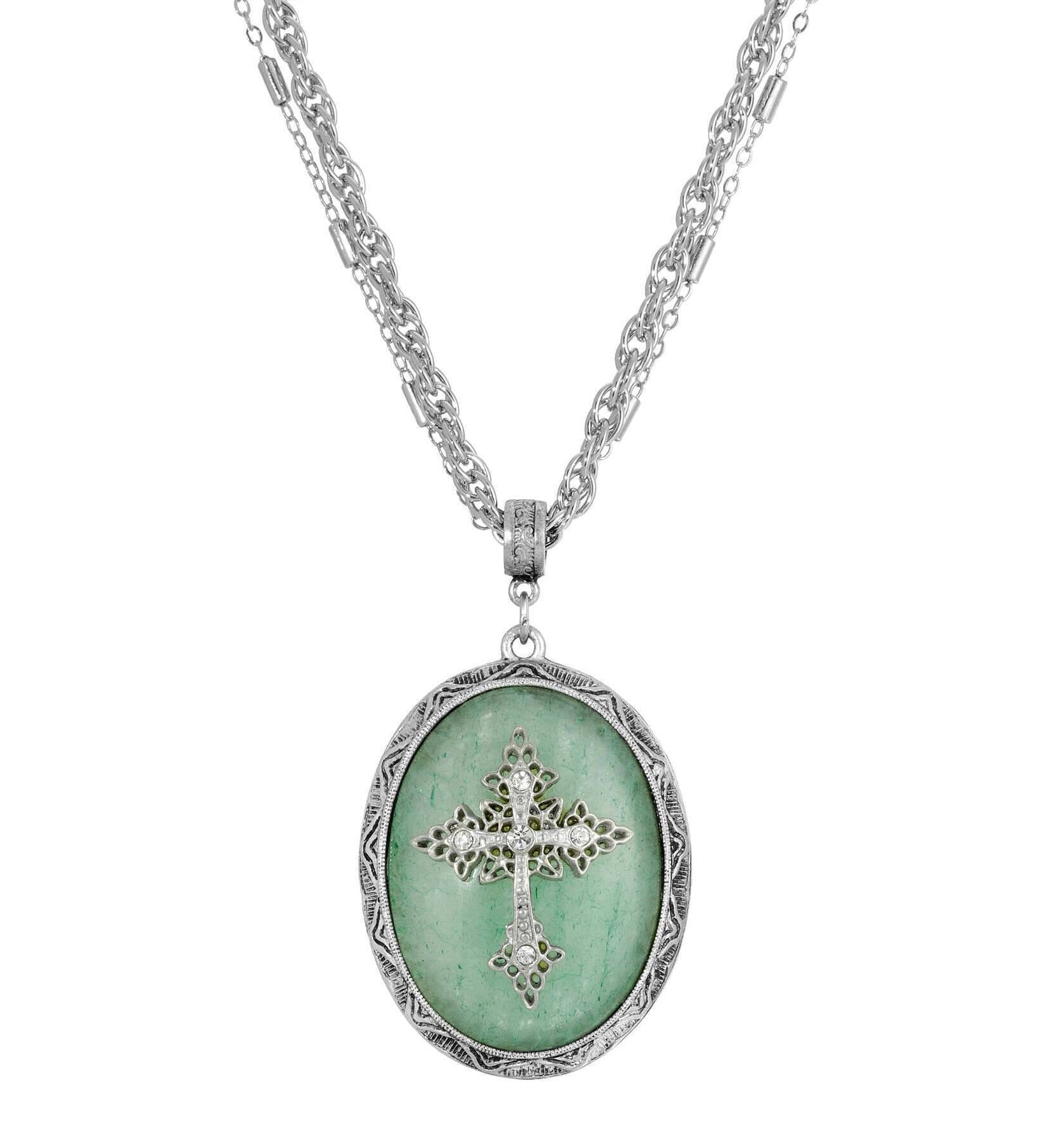 Symbols of Faith Multi Chain Oval Gemstone & Cross Pendant Necklace 18" + 3" Extender