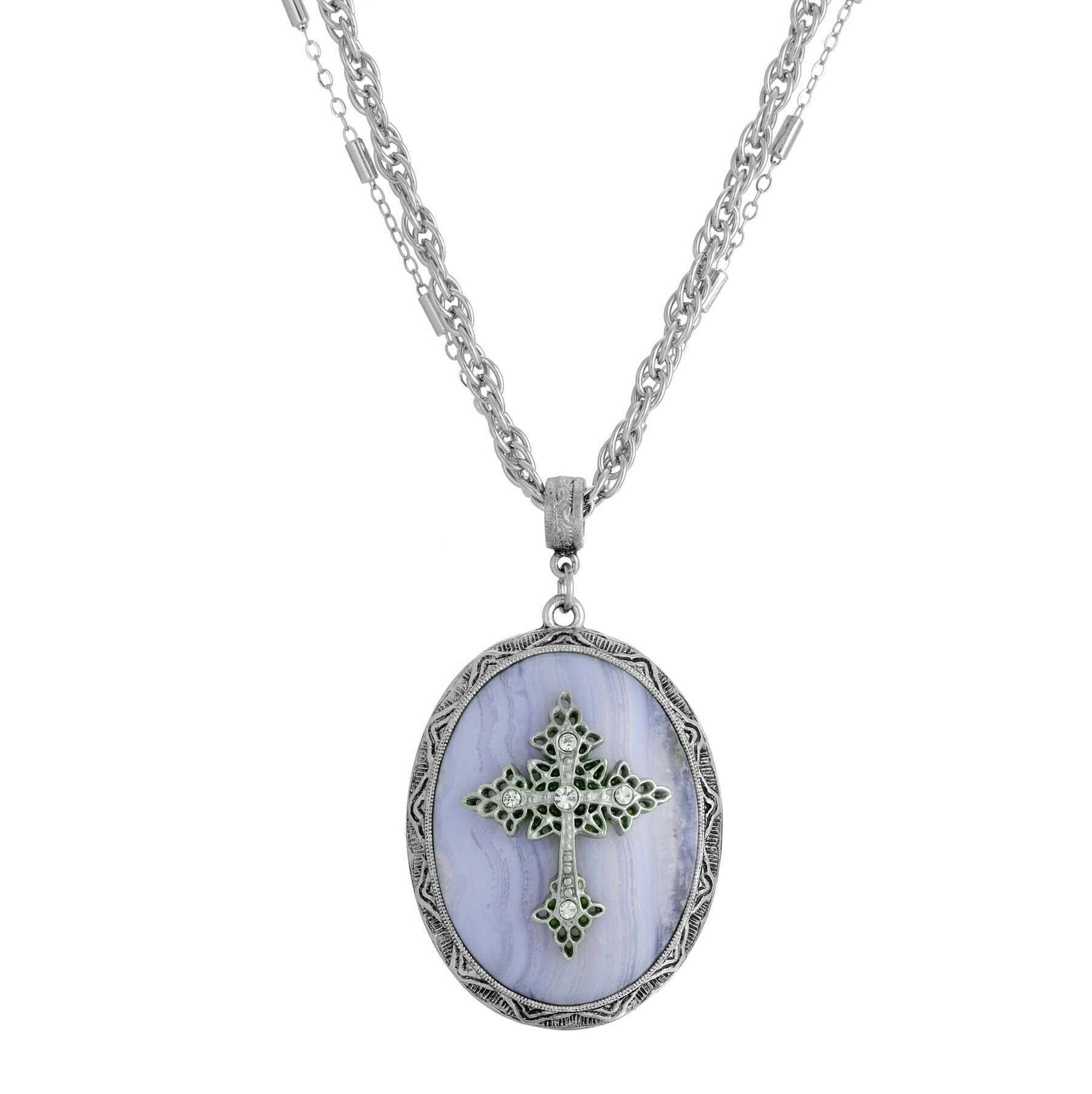 Symbols of Faith Multi Chain Oval Gemstone & Cross Pendant Necklace 18" + 3" Extender