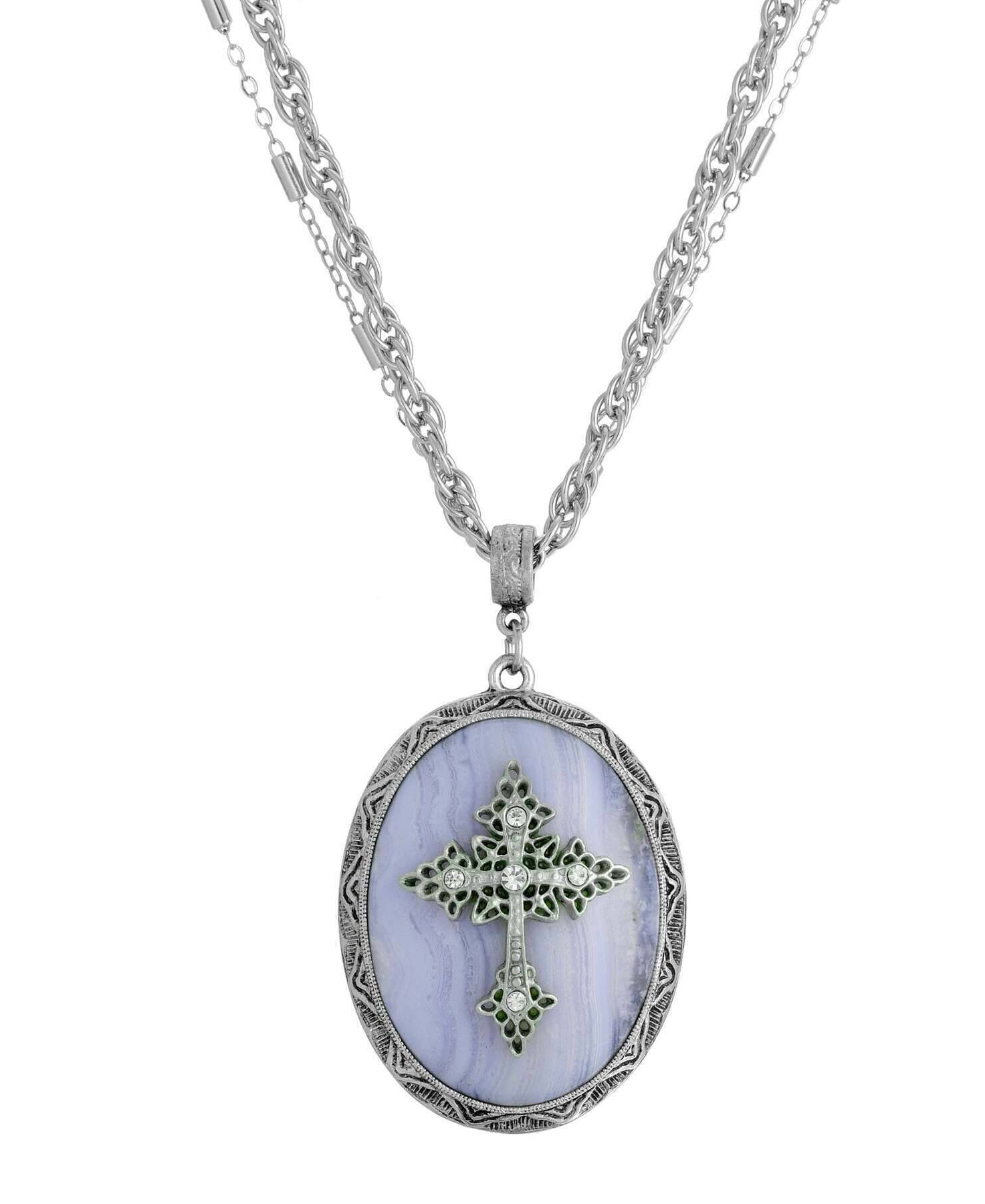 Symbols of Faith Multi Chain Oval Gemstone & Cross Pendant Necklace 18" + 3" Extender