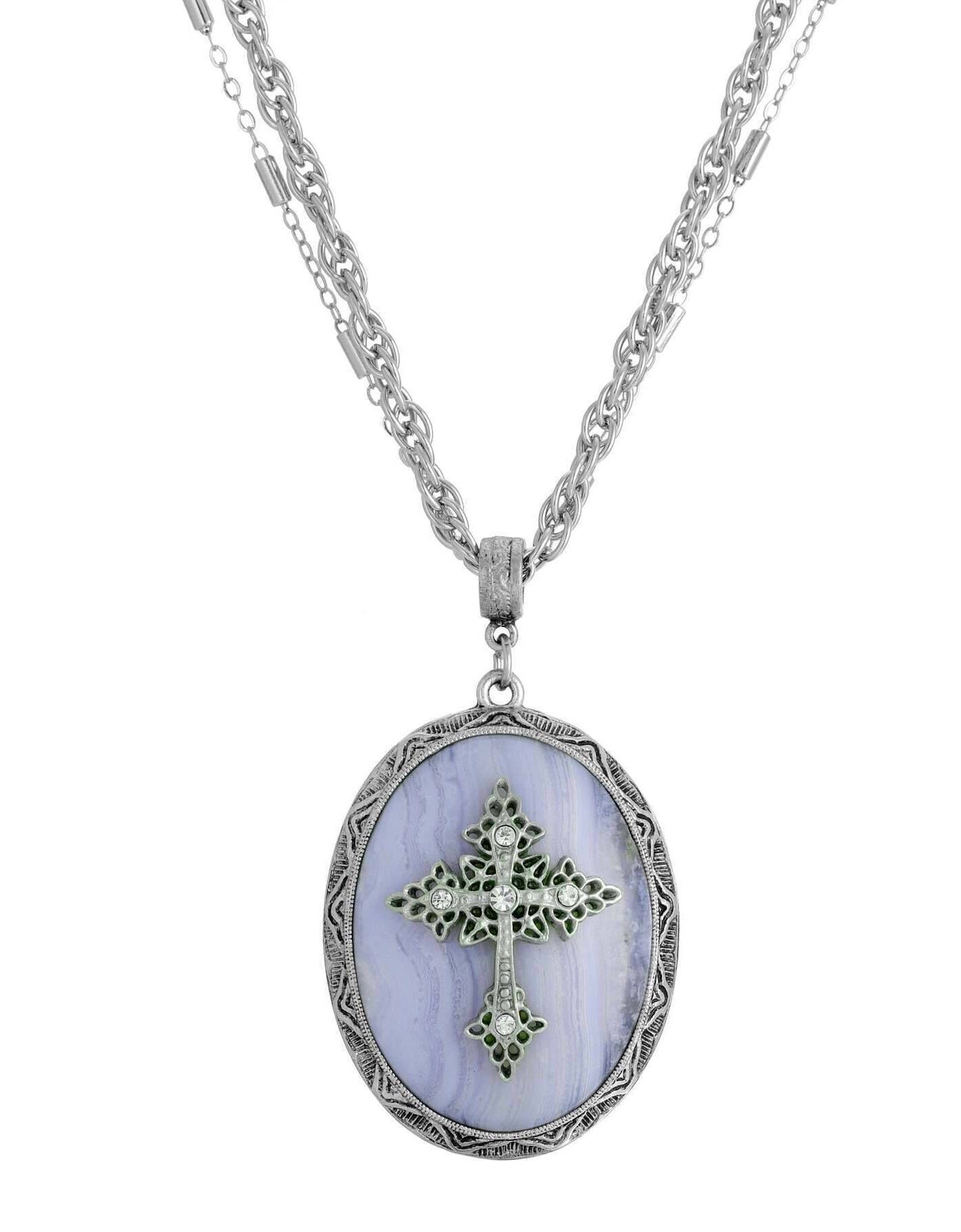 Symbols of Faith Multi Chain Oval Gemstone & Cross Pendant Necklace 18" + 3" Extender