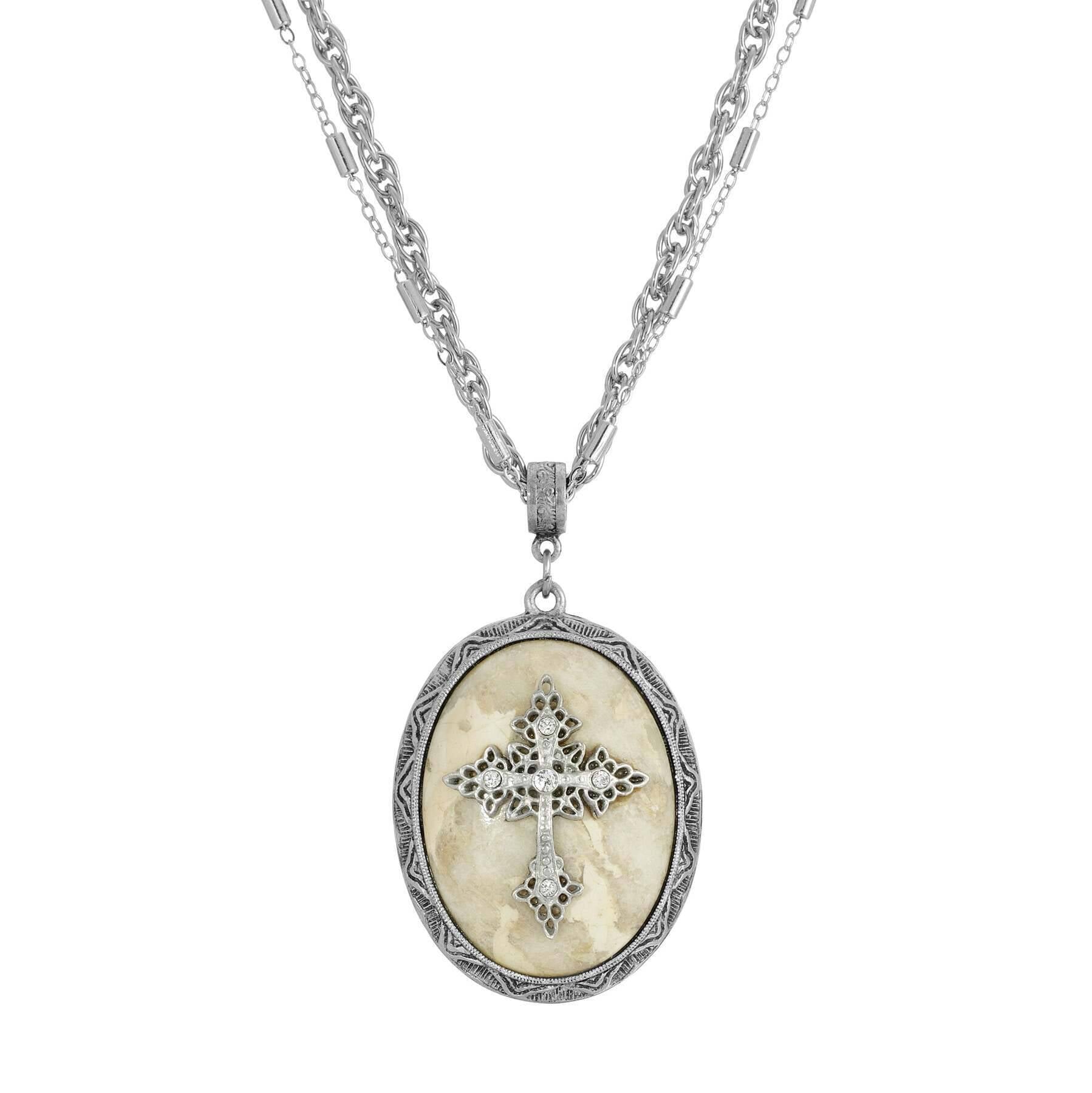 Symbols of Faith Multi Chain Oval Gemstone & Cross Pendant Necklace 18" + 3" Extender