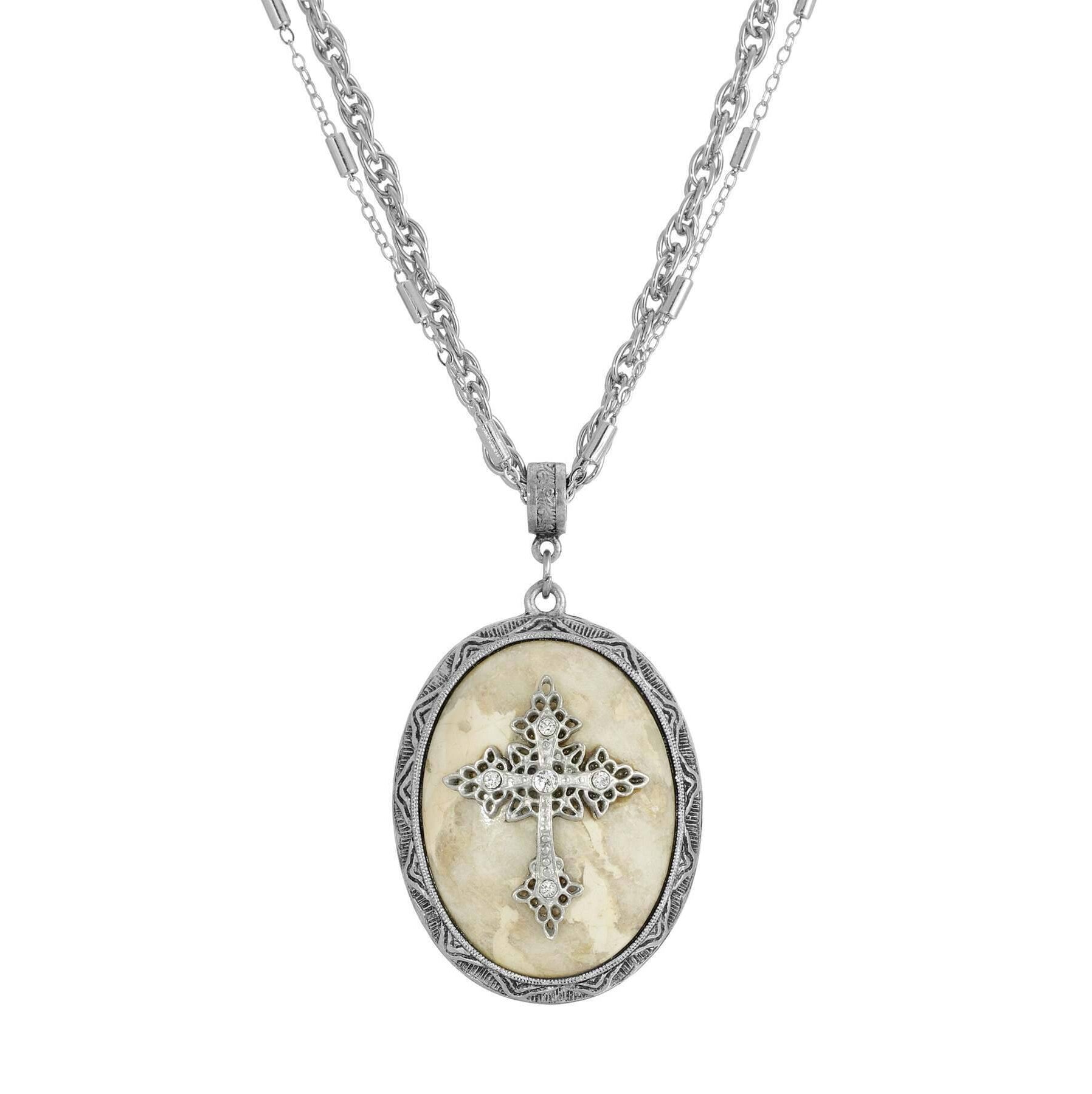 Symbols of Faith Multi Chain Oval Gemstone & Cross Pendant Necklace 18" + 3" Extender