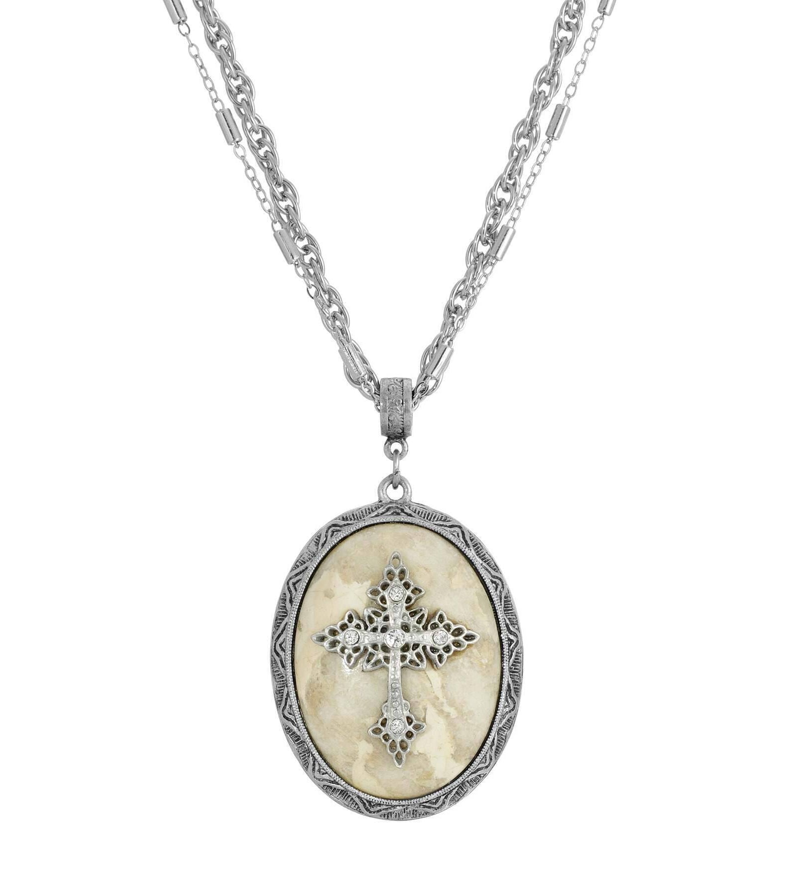 Symbols of Faith Multi Chain Oval Gemstone & Cross Pendant Necklace 18" + 3" Extender