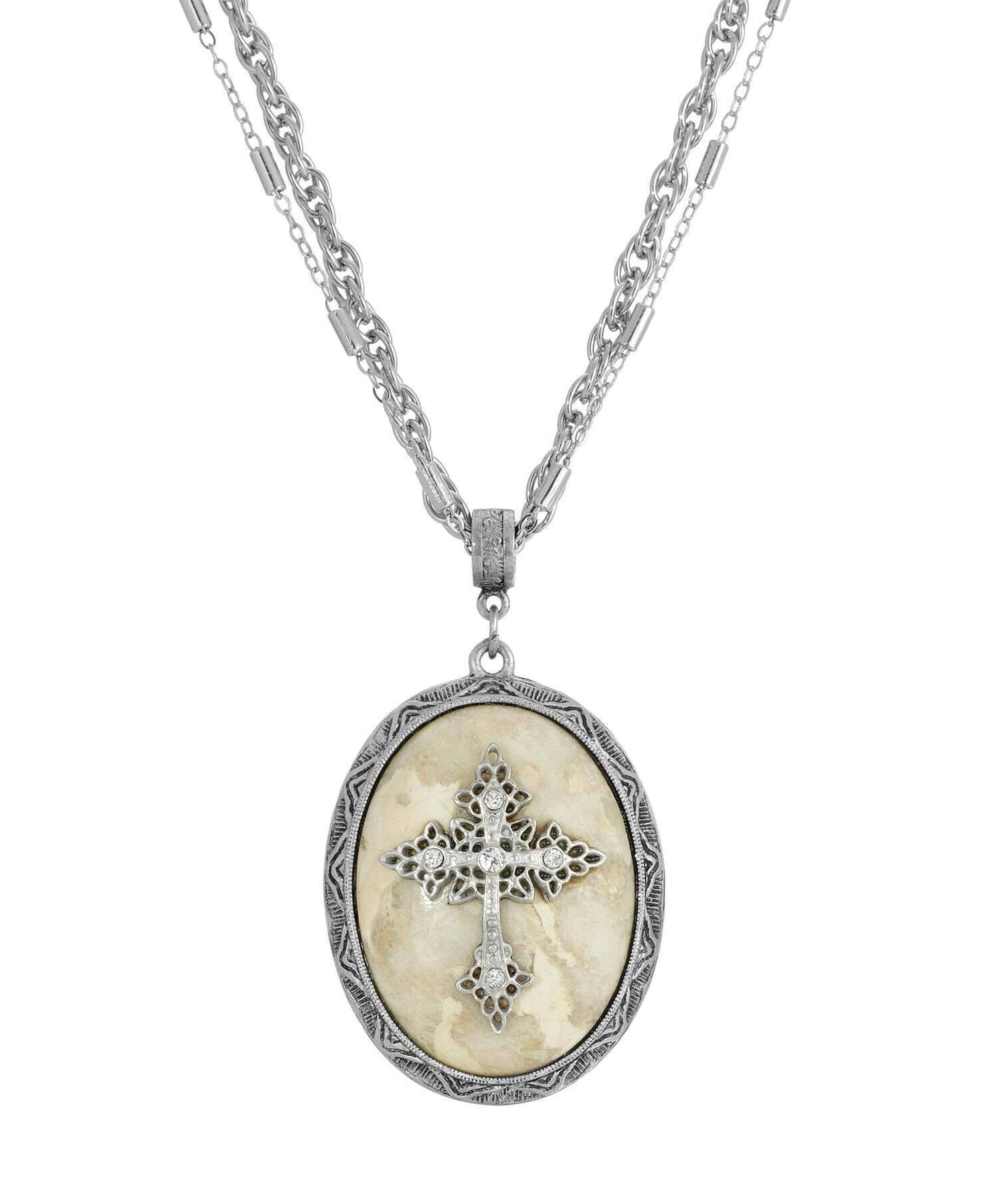 Symbols of Faith Multi Chain Oval Gemstone & Cross Pendant Necklace 18" + 3" Extender