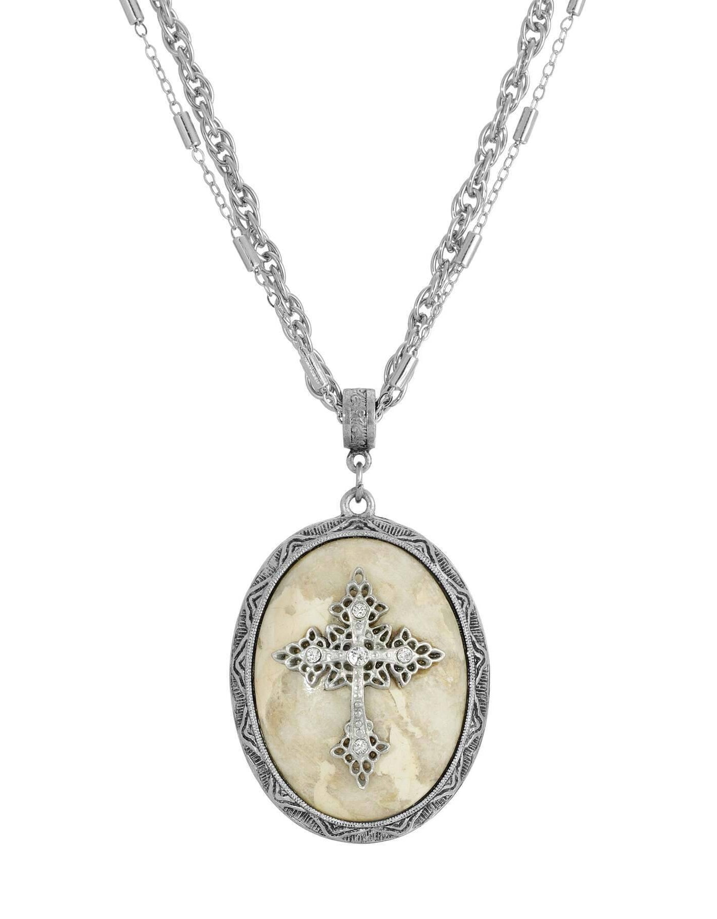 Symbols of Faith Multi Chain Oval Gemstone & Cross Pendant Necklace 18" + 3" Extender