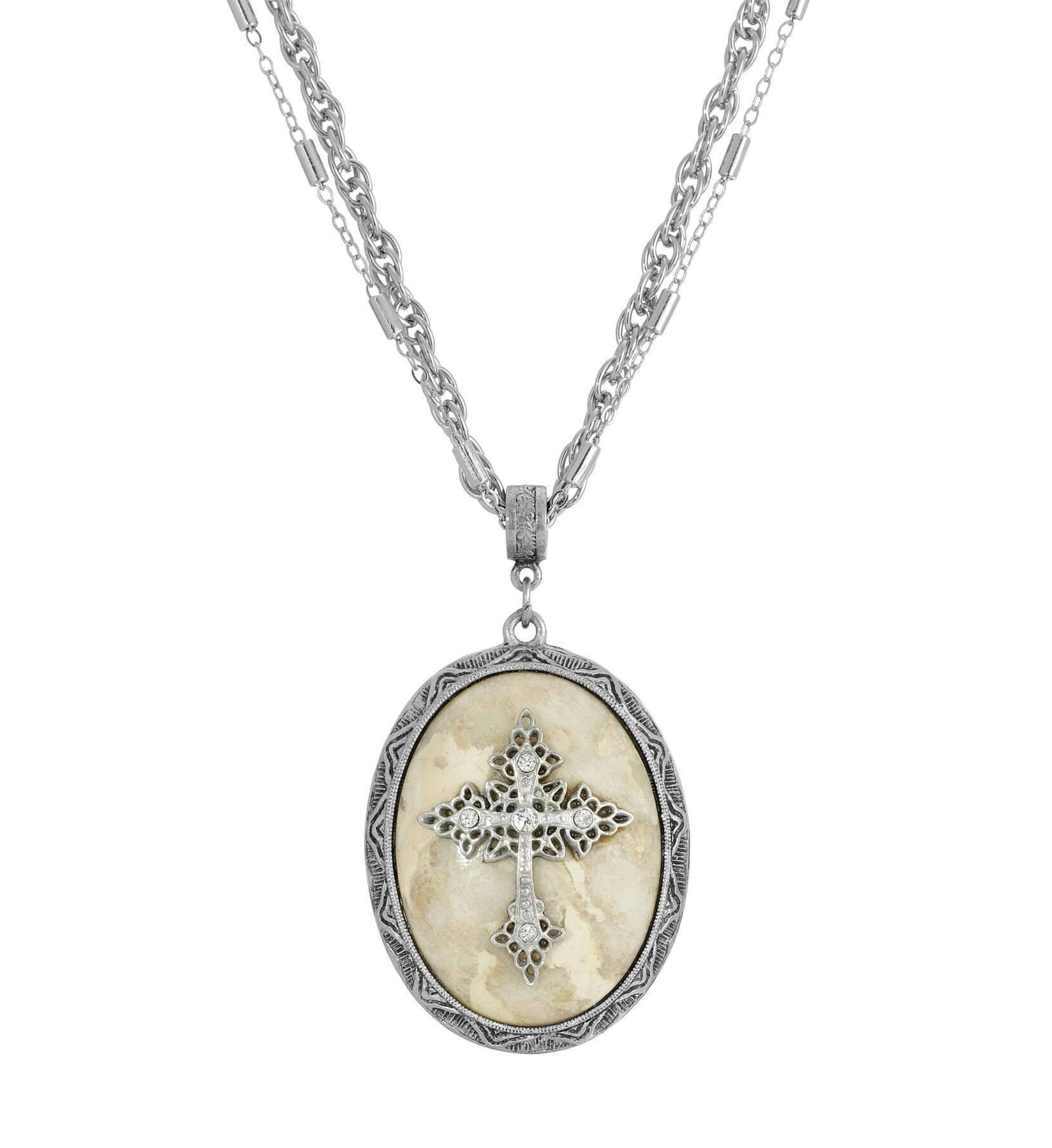 Symbols of Faith Multi Chain Oval Gemstone & Cross Pendant Necklace 18" + 3" Extender