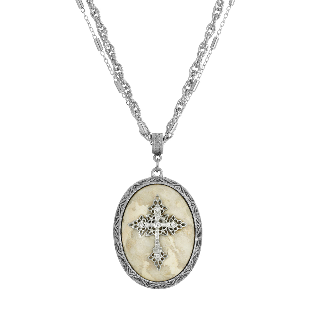 Multi Chain Oval Riverstone Gemstone & Cross Pendant Necklace 18" + 3" Extender