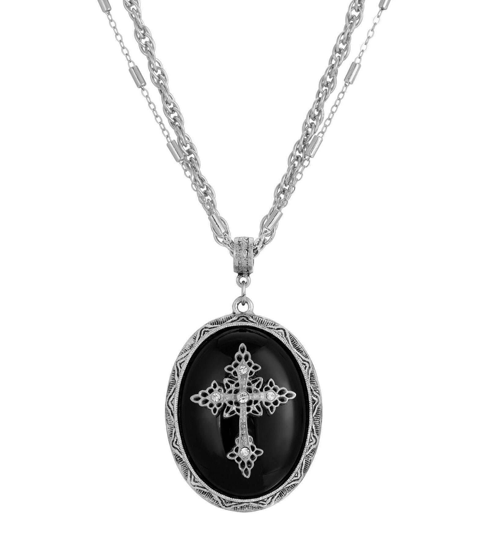 Symbols of Faith Multi Chain Oval Gemstone & Cross Pendant Necklace 18" + 3" Extender