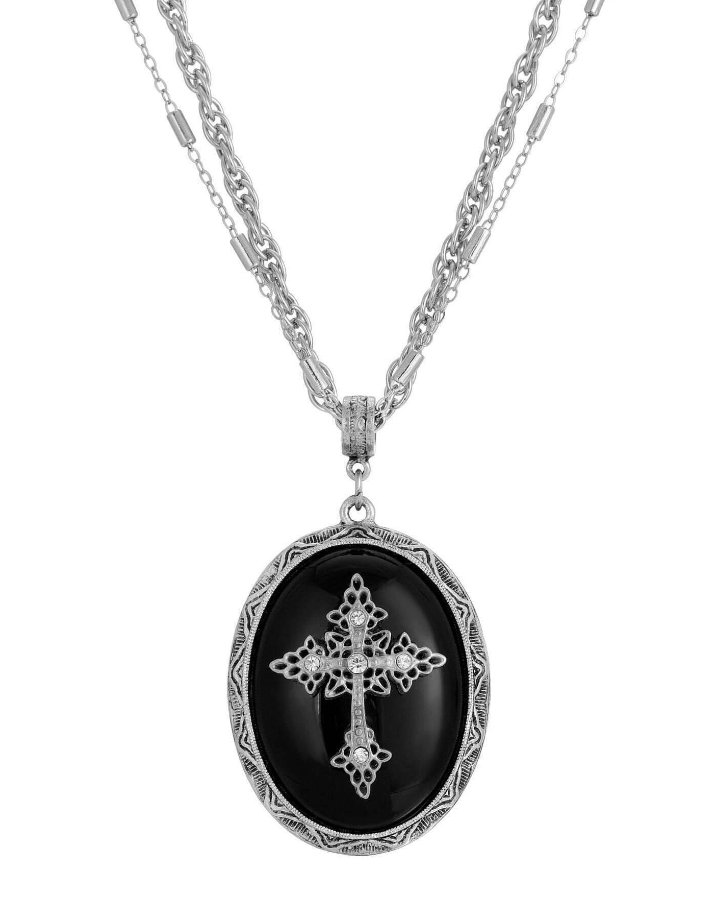 Symbols of Faith Multi Chain Oval Gemstone & Cross Pendant Necklace 18" + 3" Extender