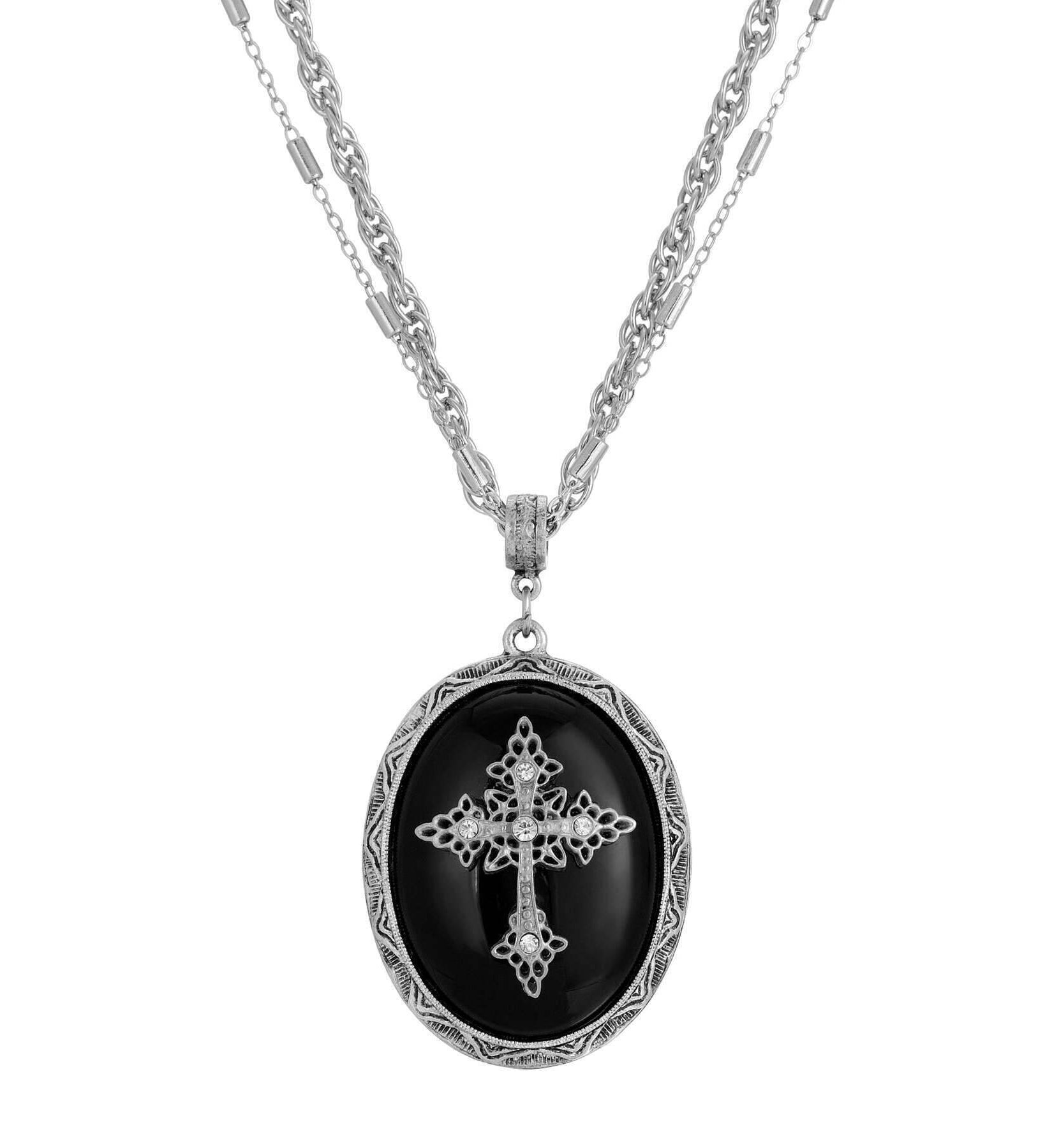 Symbols of Faith Multi Chain Oval Gemstone & Cross Pendant Necklace 18" + 3" Extender