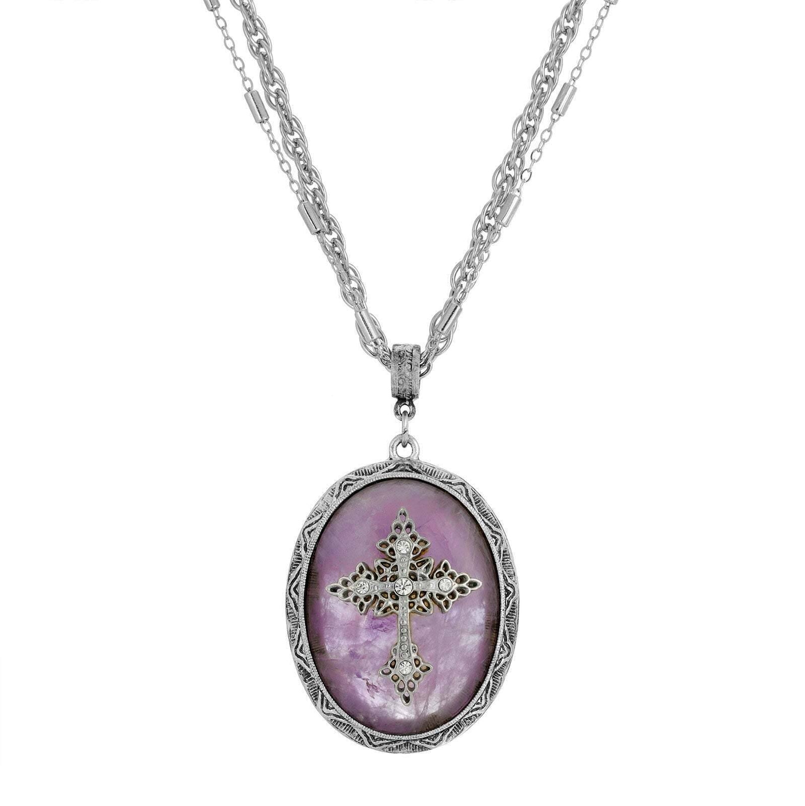 Symbols of Faith Multi Chain Oval Gemstone & Cross Pendant Necklace 18" + 3" Extender