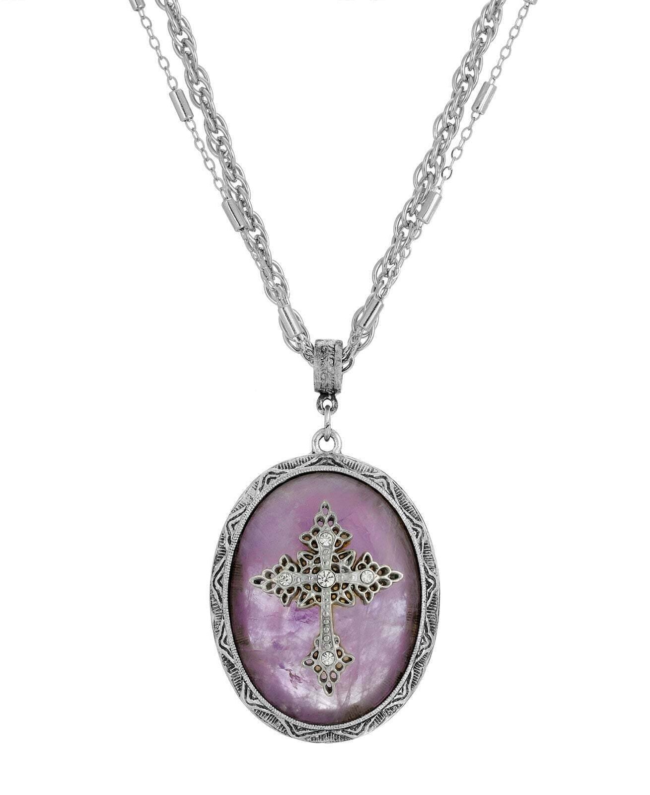 Symbols of Faith Multi Chain Oval Gemstone & Cross Pendant Necklace 18" + 3" Extender