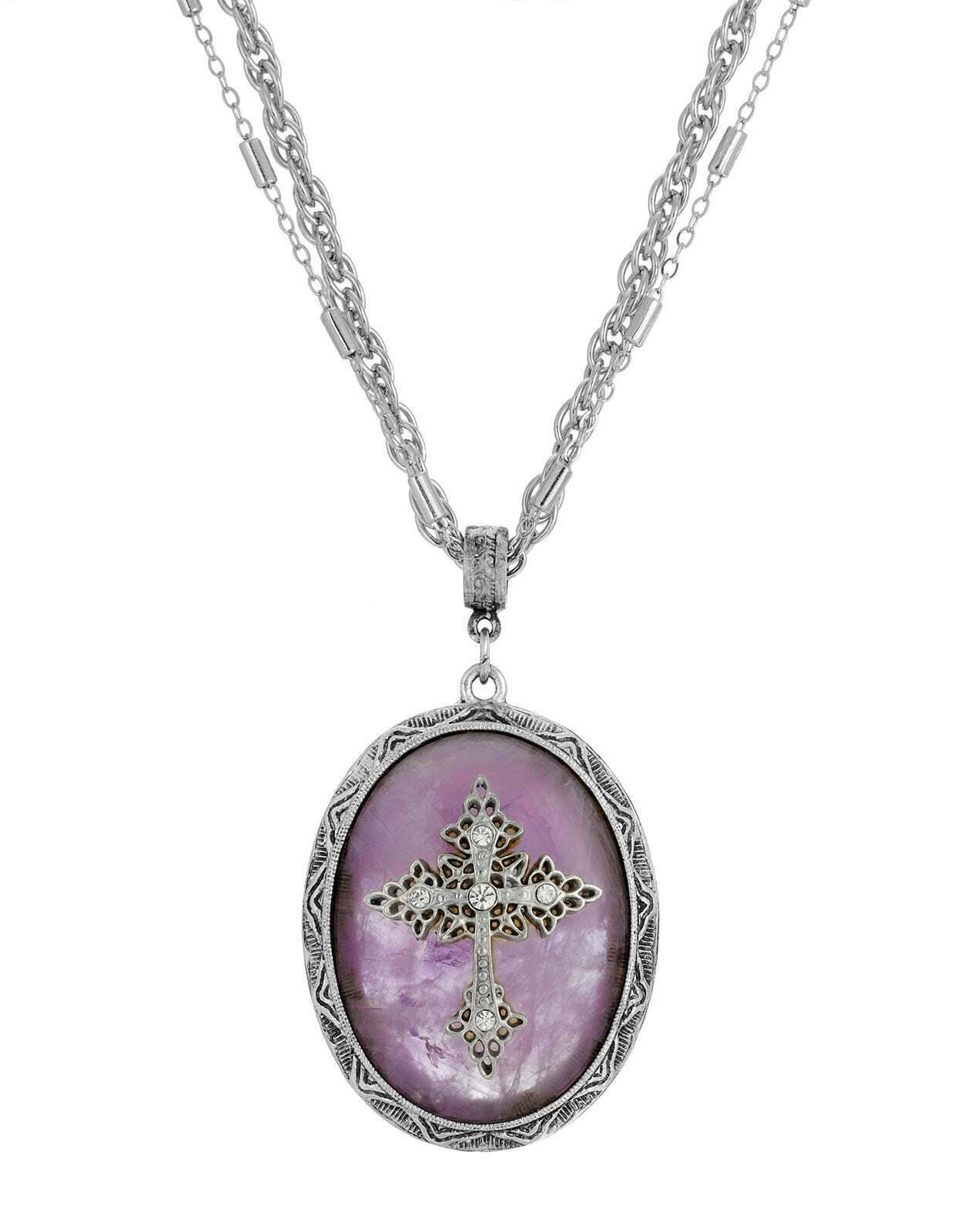 Symbols of Faith Multi Chain Oval Gemstone & Cross Pendant Necklace 18" + 3" Extender