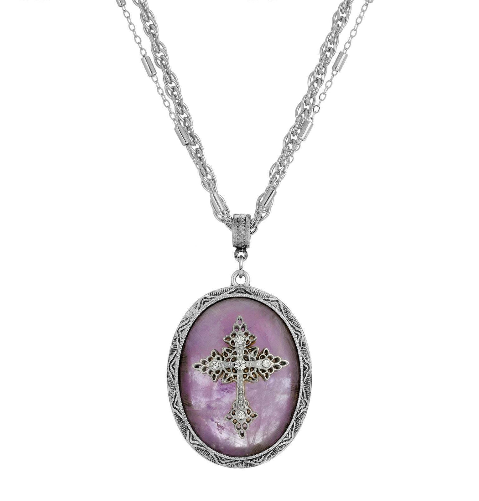 Symbols of Faith Multi Chain Oval Gemstone & Cross Pendant Necklace 18" + 3" Extender