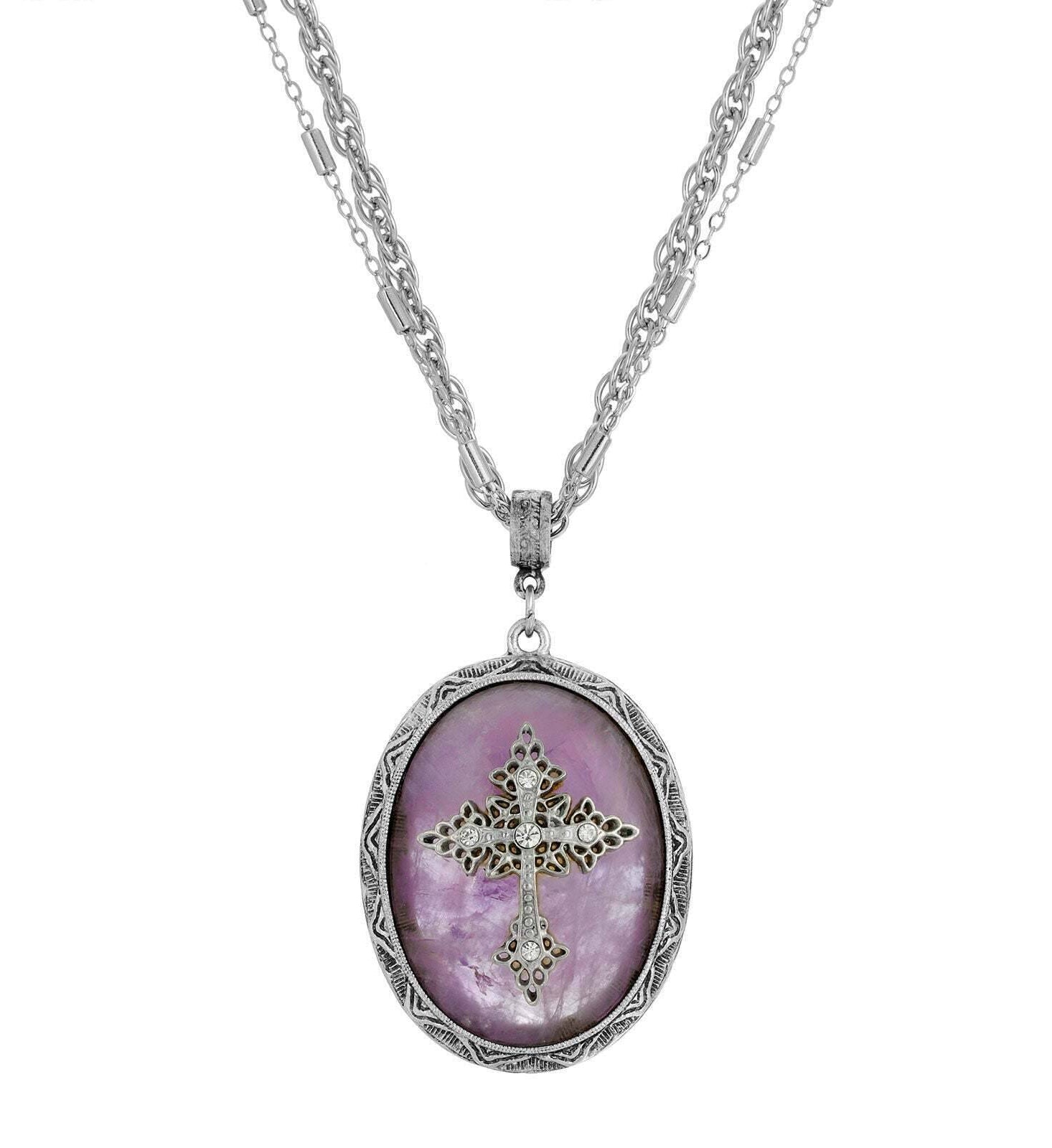 Symbols of Faith Multi Chain Oval Gemstone & Cross Pendant Necklace 18" + 3" Extender