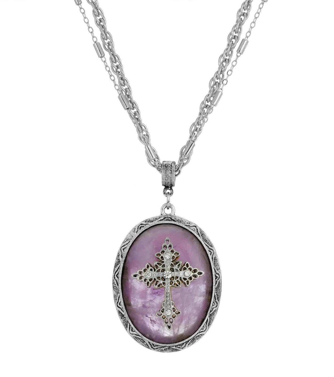 Symbols of Faith Multi Chain Oval Gemstone & Cross Pendant Necklace 18" + 3" Extender