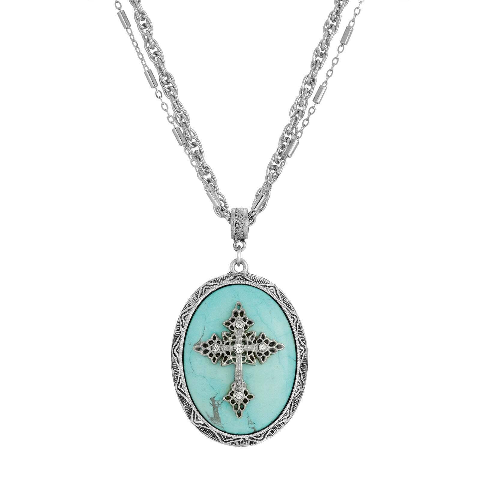 Symbols of Faith Multi Chain Oval Gemstone & Cross Pendant Necklace 18" + 3" Extender