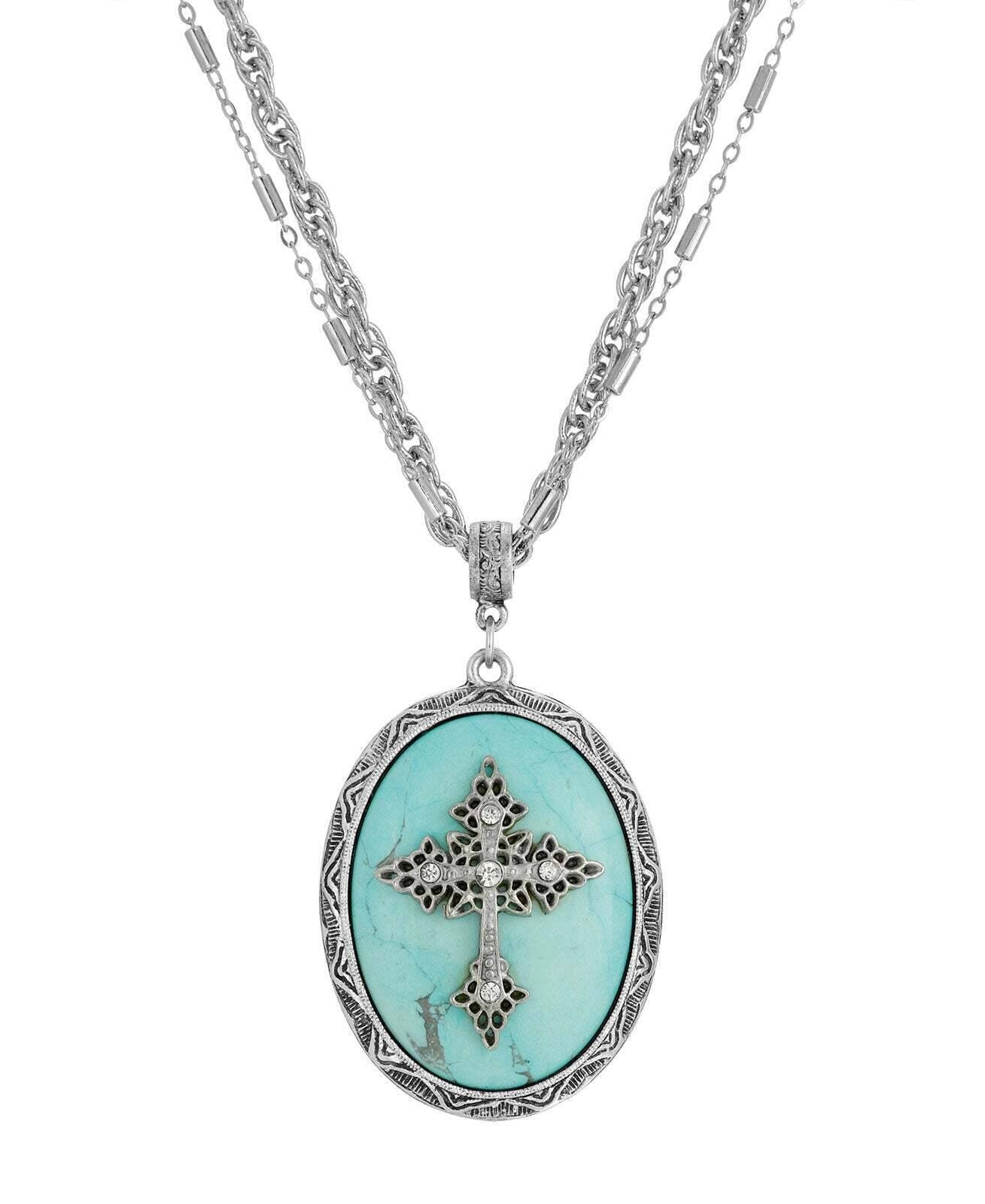 Symbols of Faith Multi Chain Oval Gemstone & Cross Pendant Necklace 18" + 3" Extender