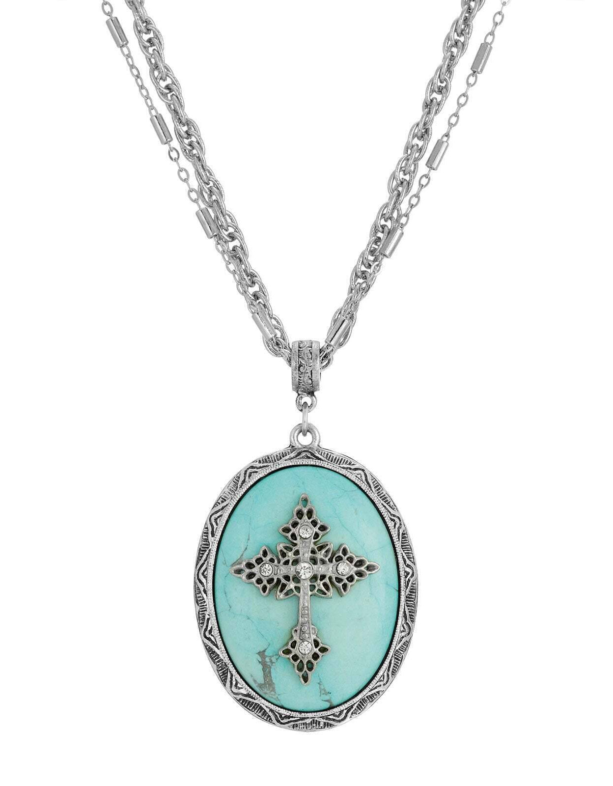 Symbols of Faith Multi Chain Oval Gemstone & Cross Pendant Necklace 18" + 3" Extender