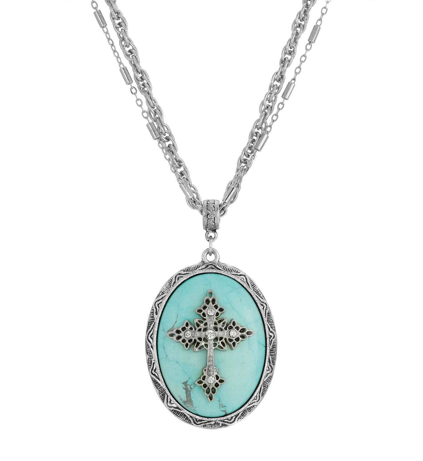 Symbols of Faith Multi Chain Oval Gemstone & Cross Pendant Necklace 18" + 3" Extender