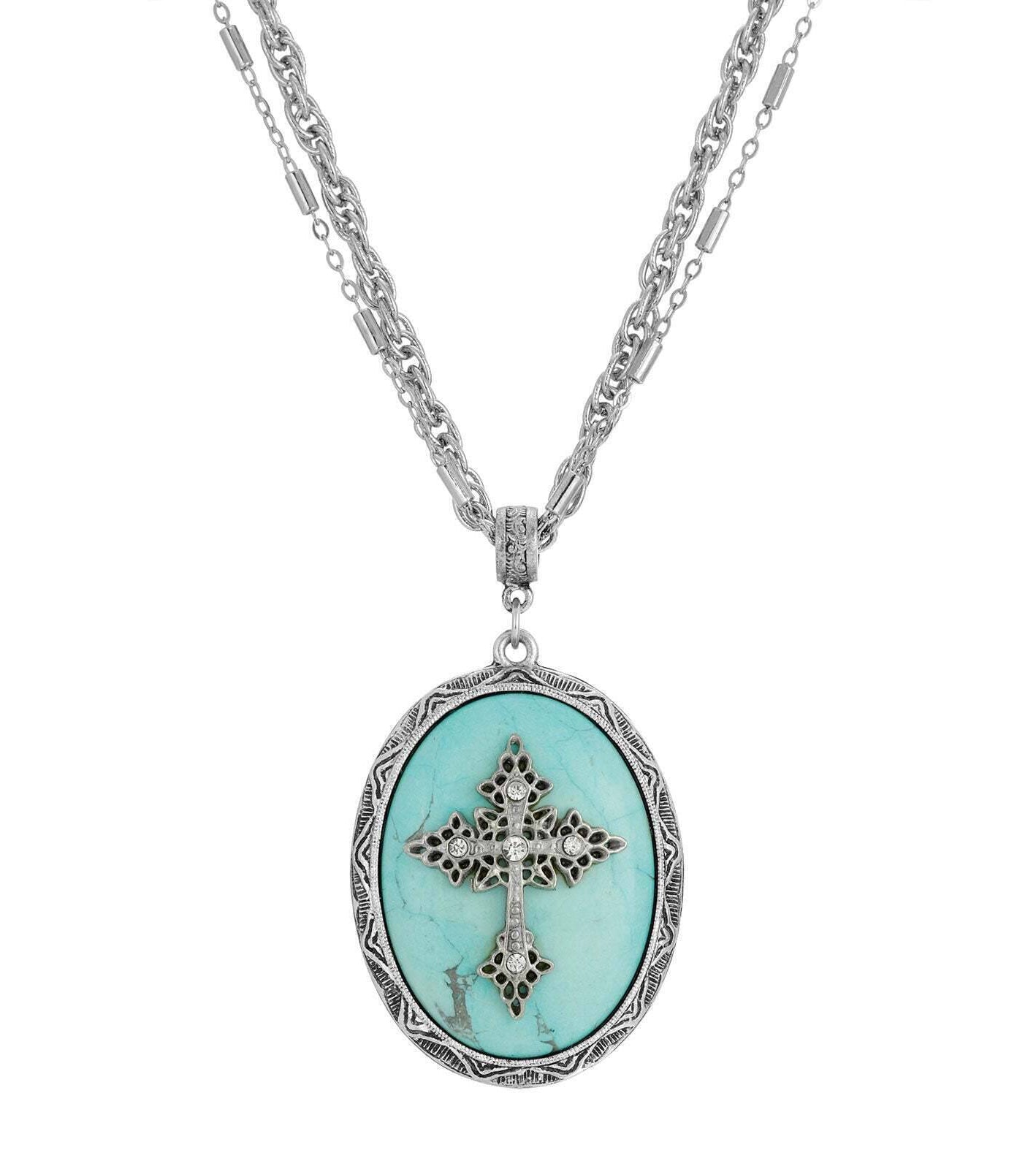 Symbols of Faith Multi Chain Oval Gemstone & Cross Pendant Necklace 18" + 3" Extender