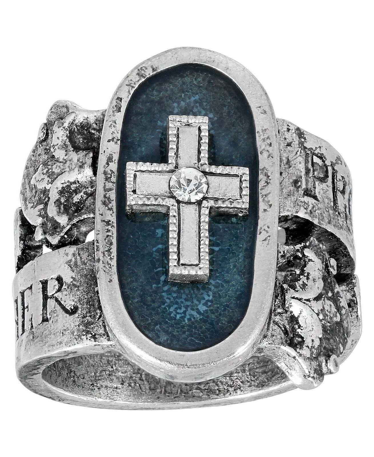 Symbols Of Faith Blue Enamel Cross & Crystal "Protect Us Holy Mother" Ring