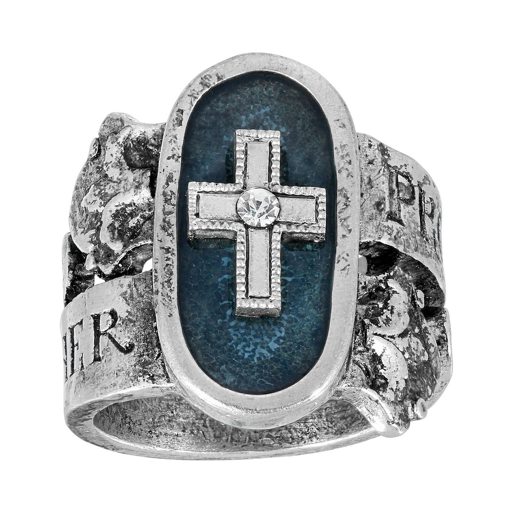Symbols Of Faith Blue Enamel Cross & Crystal "Protect Us Holy Mother" Ring