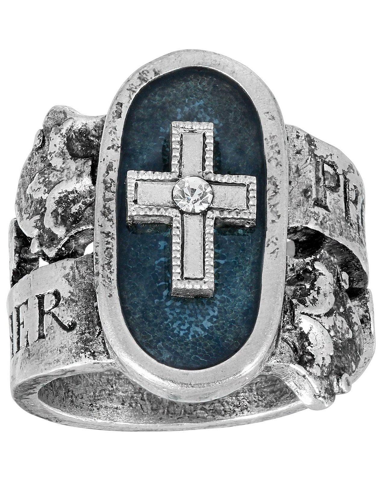 Symbols Of Faith Blue Enamel Cross & Crystal "Protect Us Holy Mother" Ring