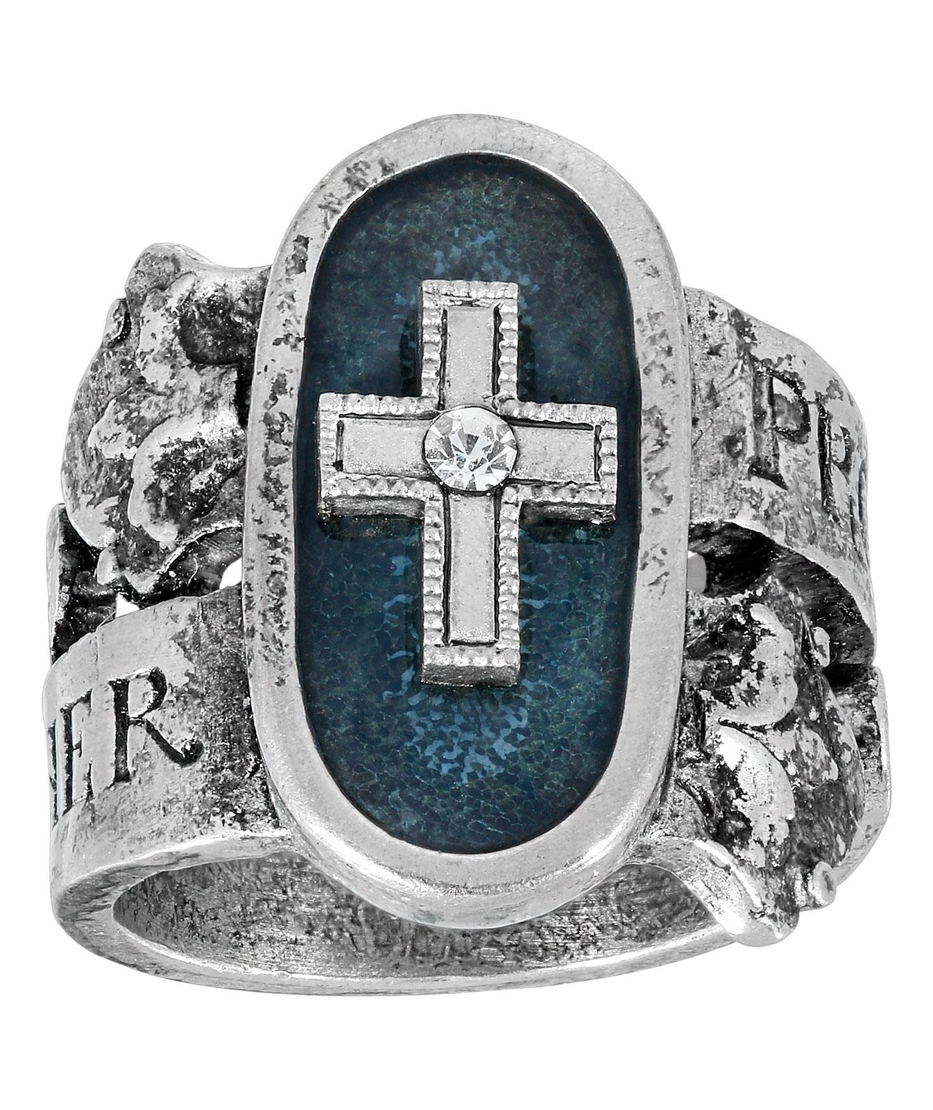 Symbols Of Faith Blue Enamel Cross & Crystal "Protect Us Holy Mother" Ring