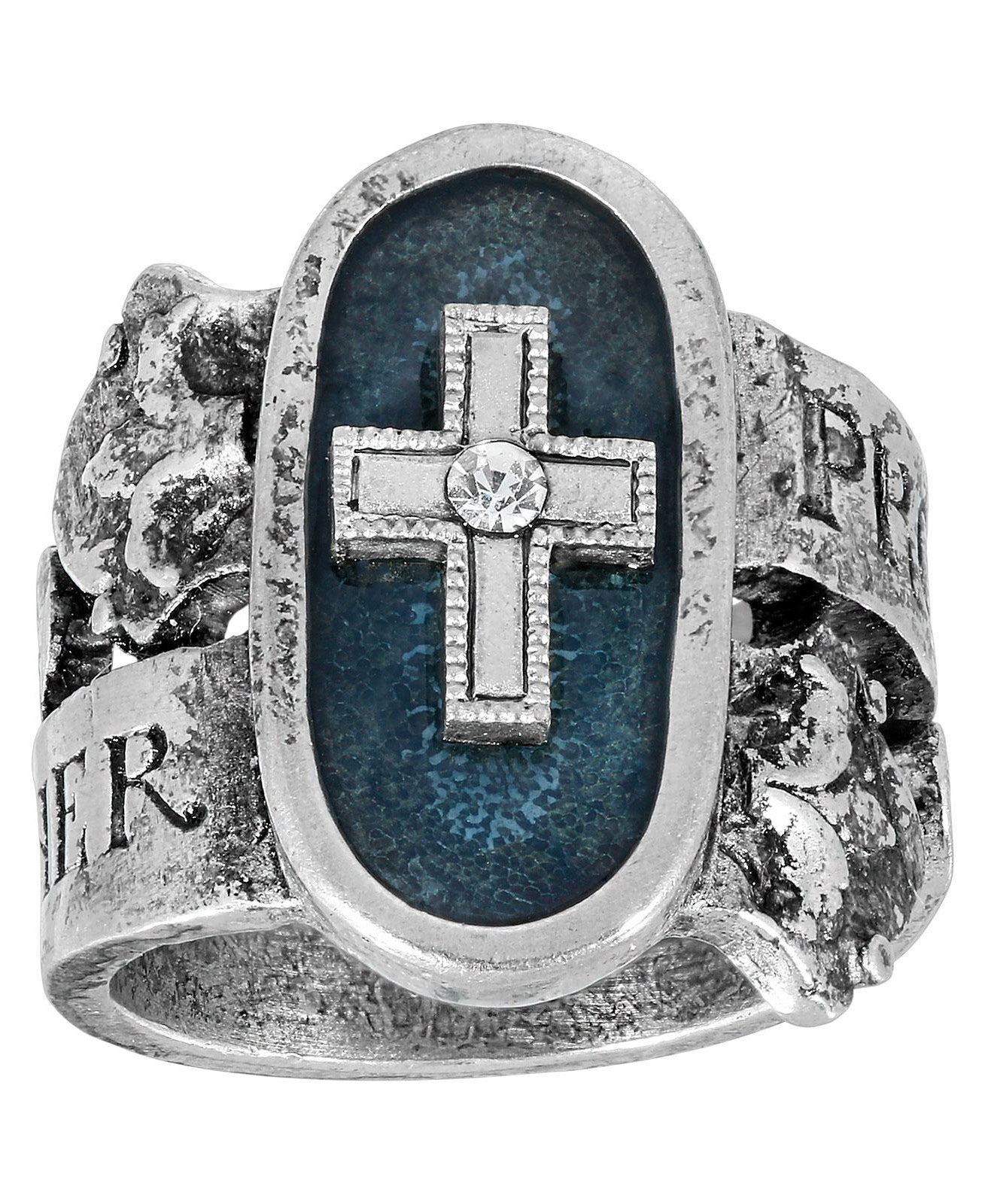 Symbols Of Faith Blue Enamel Cross & Crystal "Protect Us Holy Mother" Ring