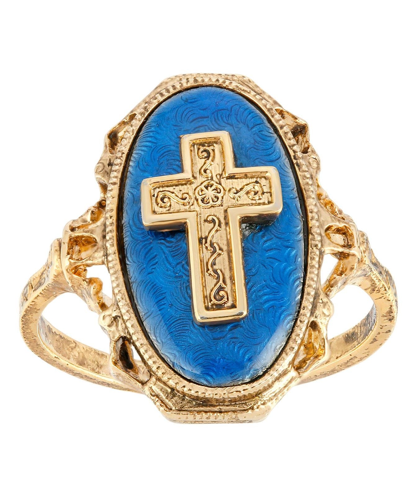 Symbols Of Faith Sapphire Blue Enamel Oval Cross Ring