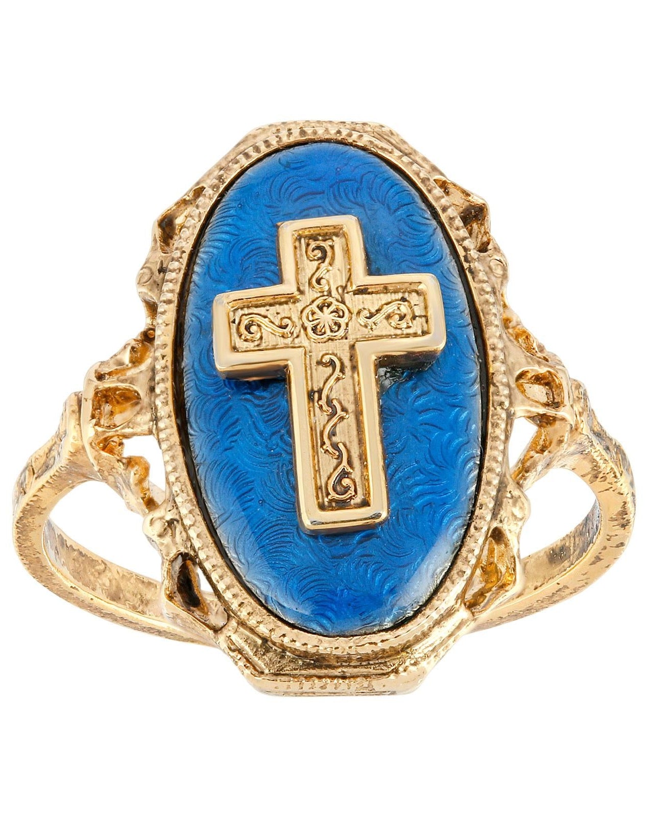 Symbols Of Faith Sapphire Blue Enamel Oval Cross Ring