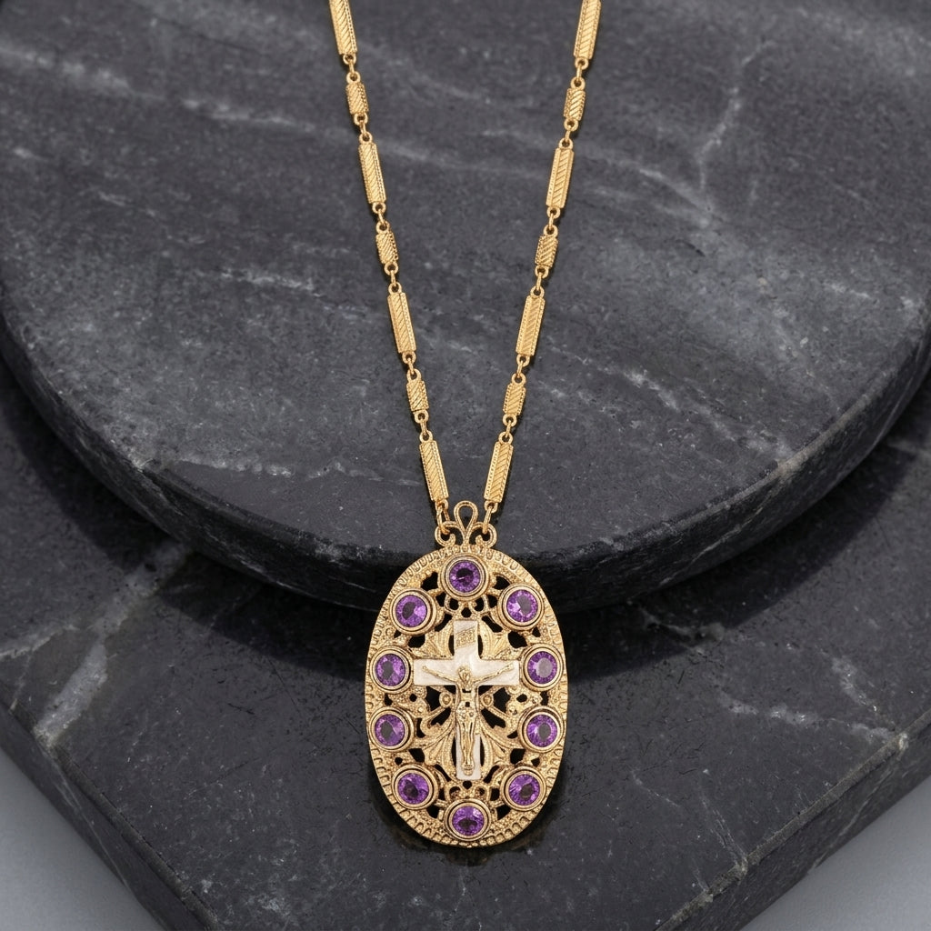 INRI Crucifix Purple Channel Crystal Oval Pendant Necklace on a dark stone surface