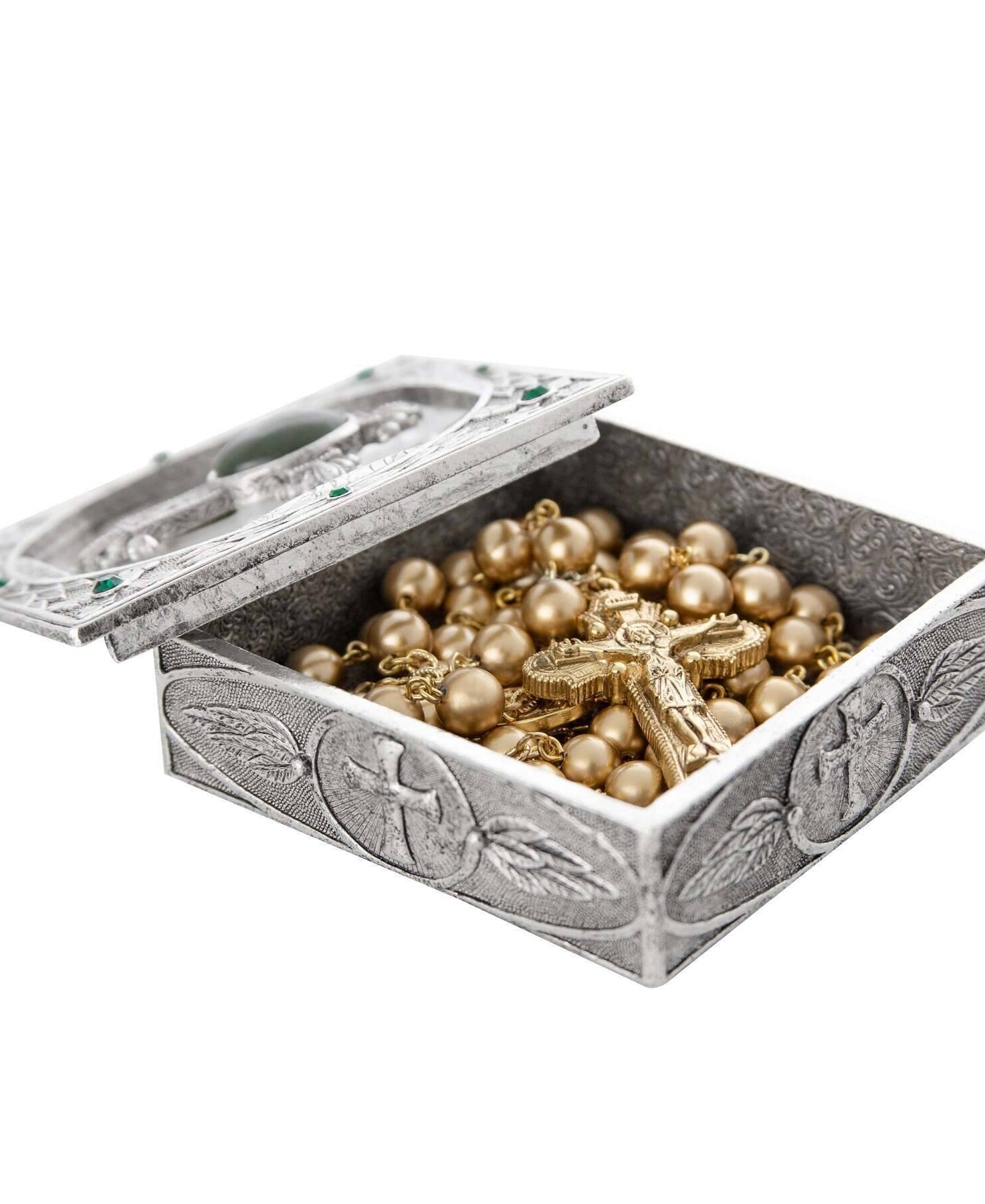 Symbols Of Faith Oval Gemstone Cross And Leaf Pewter Rosary Box