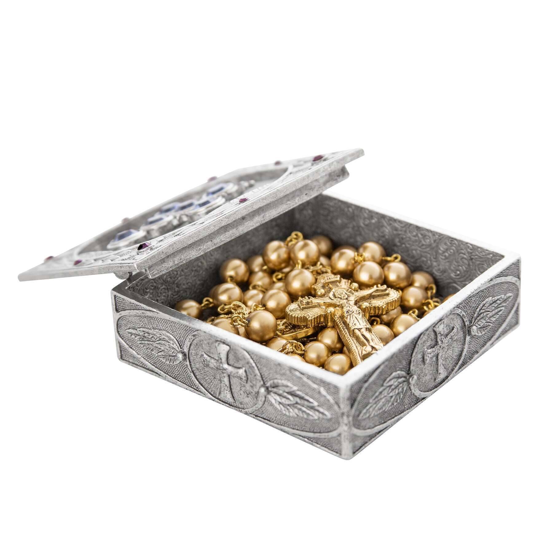 Symbols Of Faith Austrian Channel Crystal Cross And Leaf Pewter Rosary Box