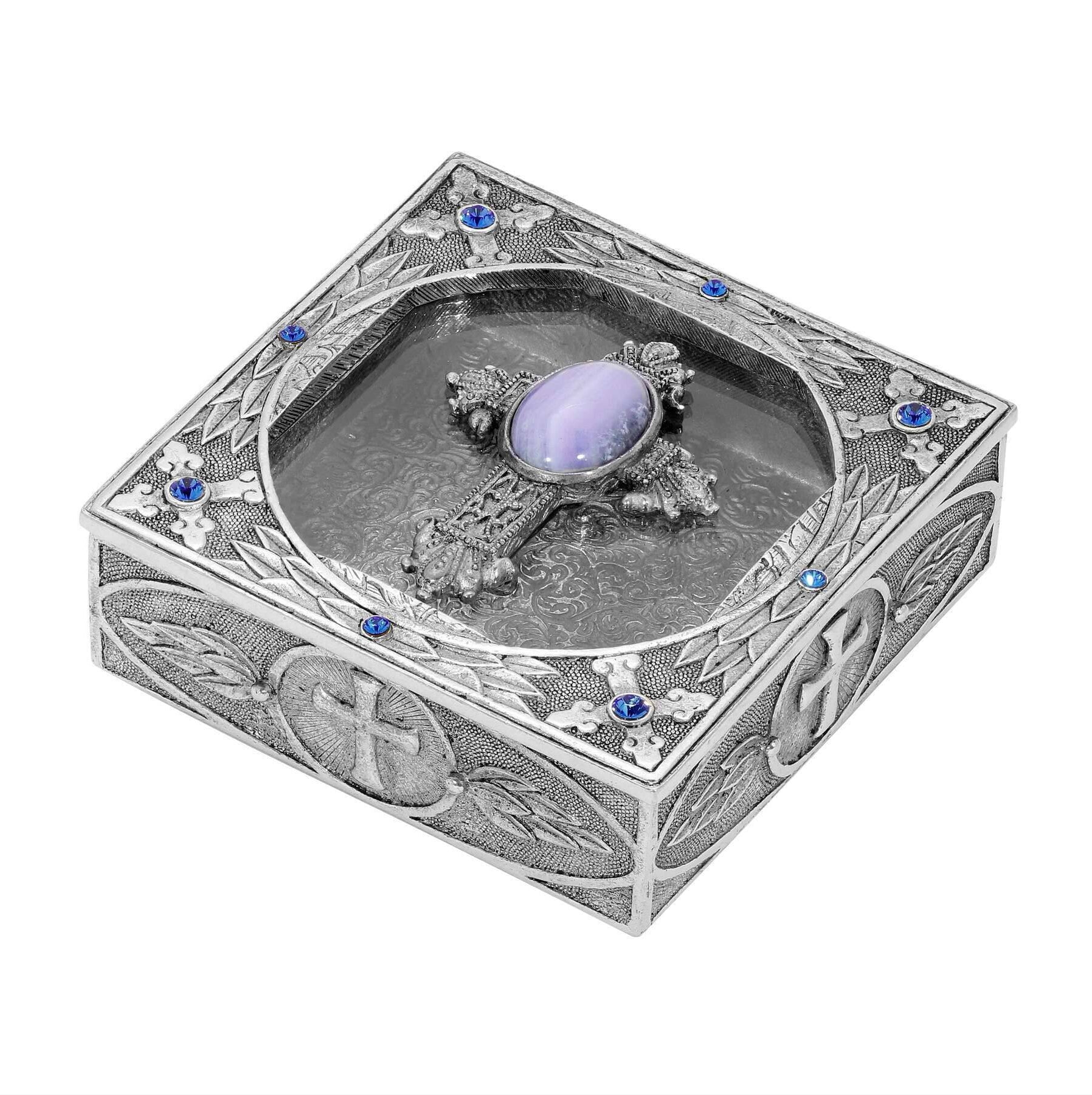 Symbols Of Faith Oval Gemstone Cross And Leaf Pewter Rosary Box