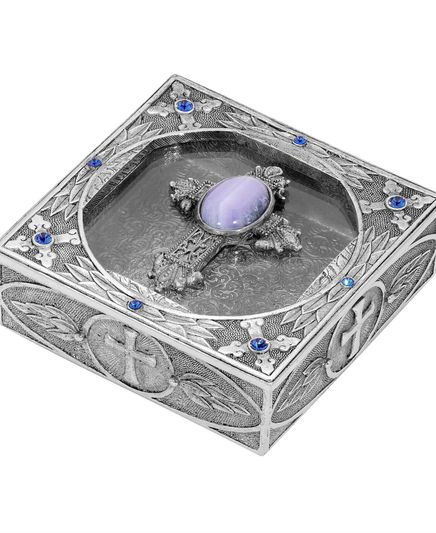 Symbols Of Faith Oval Gemstone Cross And Leaf Pewter Rosary Box
