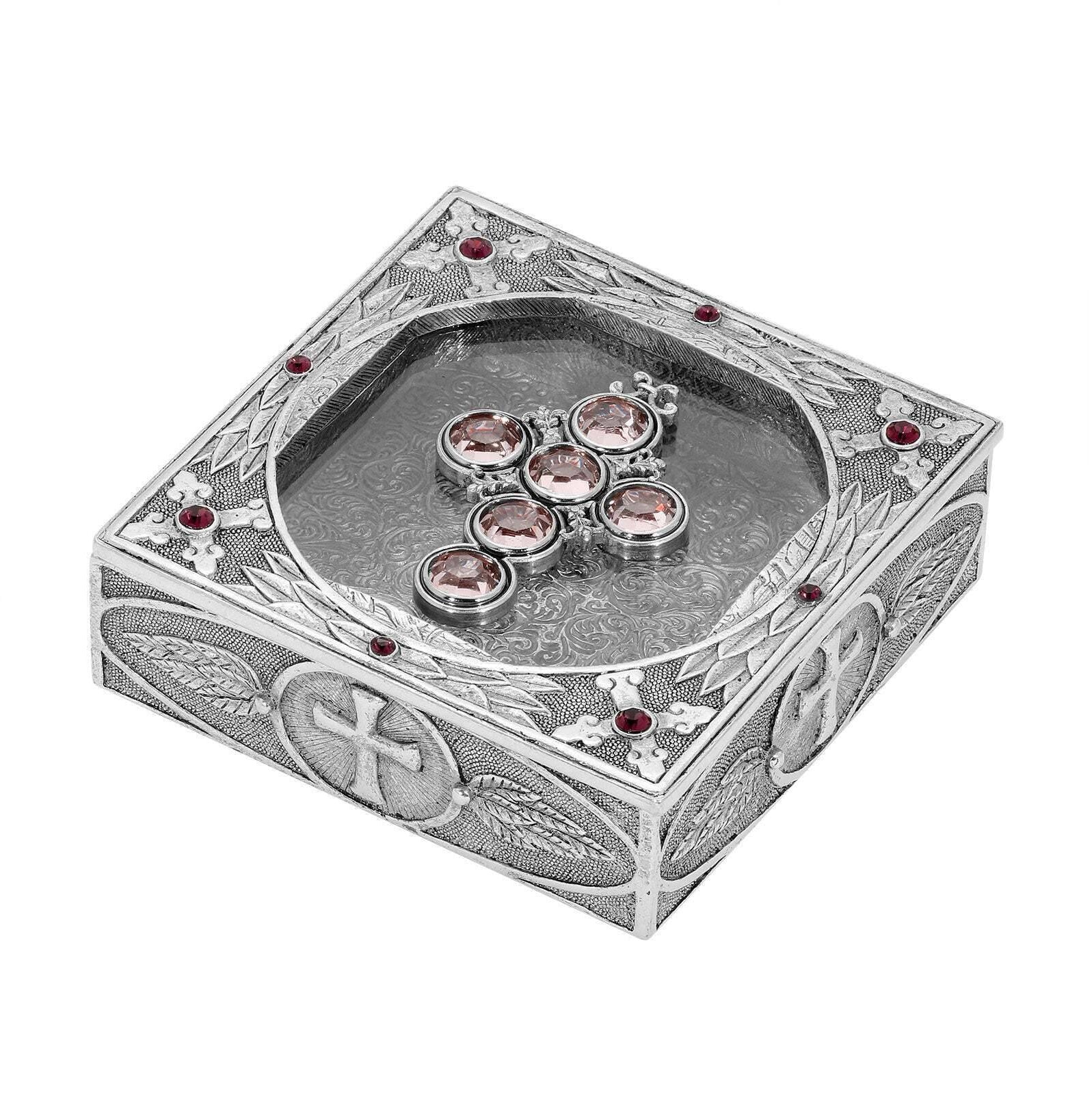 Symbols Of Faith Austrian Channel Crystal Cross And Leaf Pewter Rosary Box