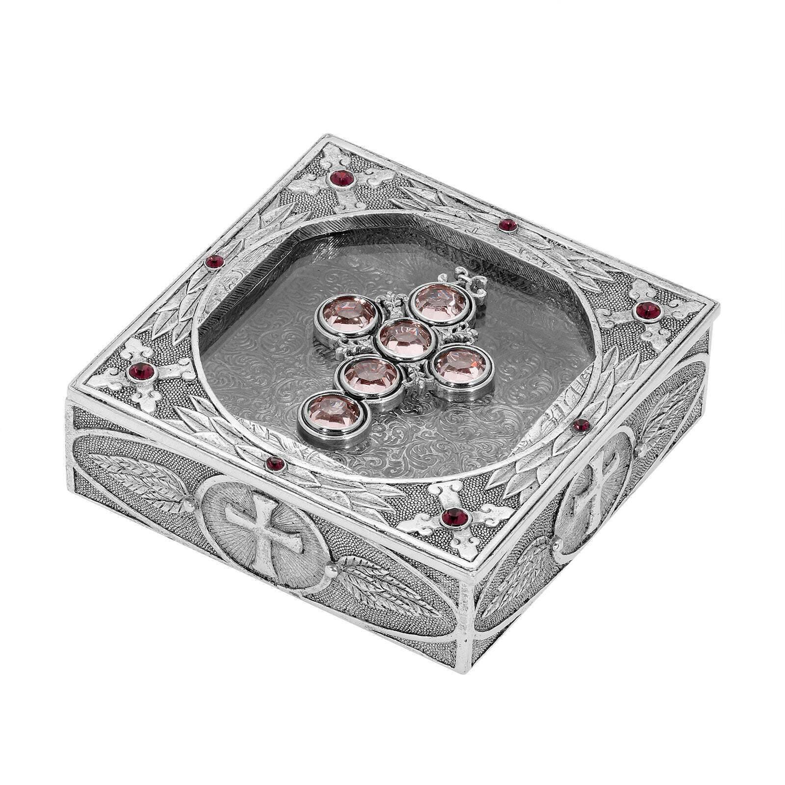 Symbols Of Faith Austrian Channel Crystal Cross And Leaf Pewter Rosary Box
