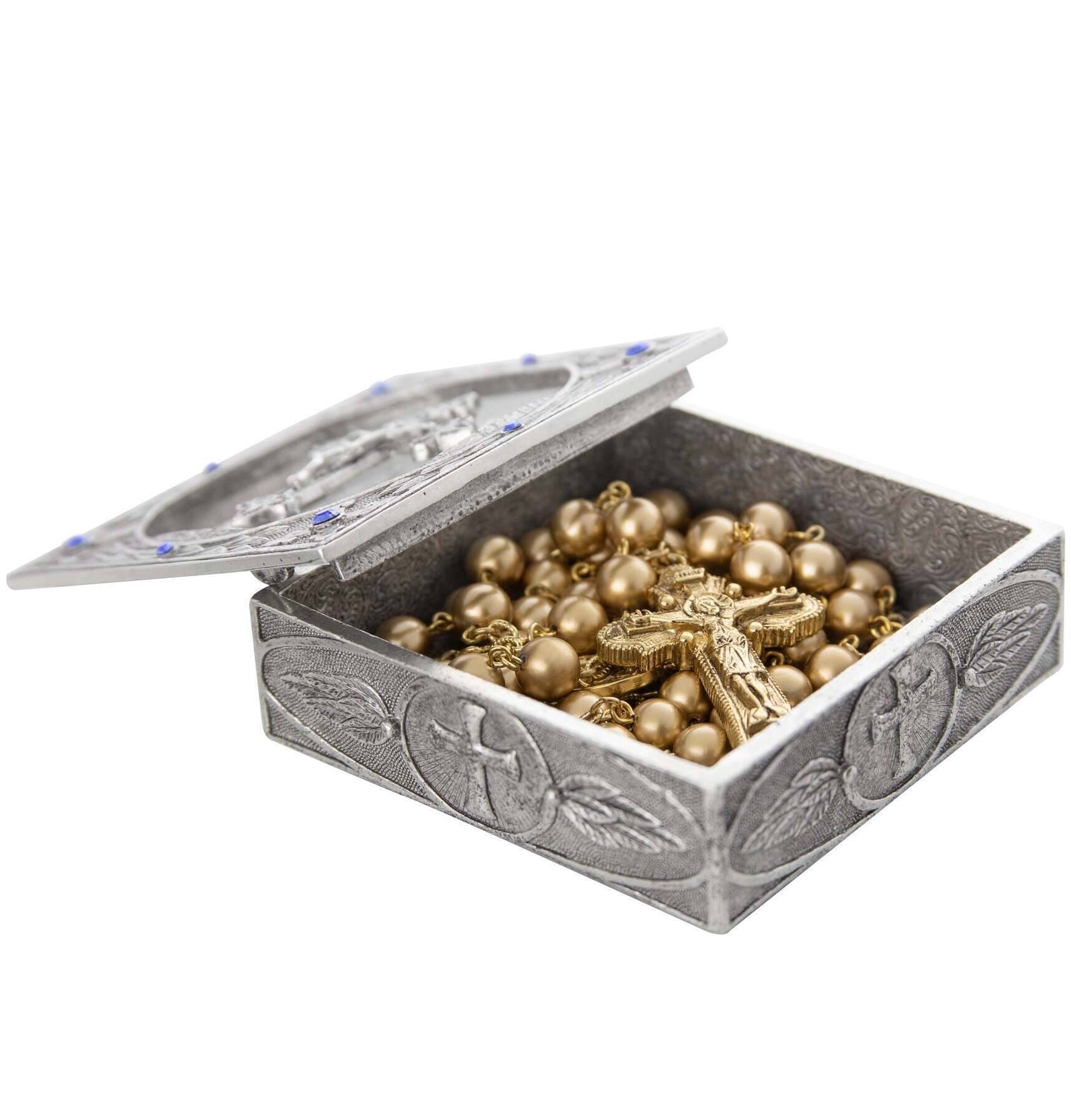 Symbols Of Faith Pewter Sapphire Blue Austrian Crystal Crucifix Rosary Box