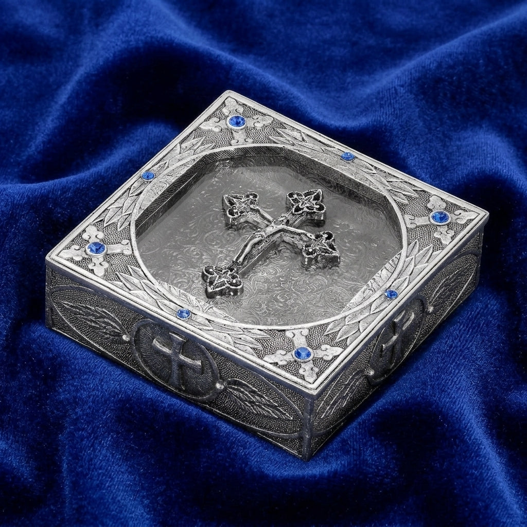 Decorative metal rosary box with intricate designs on a blue fabric background