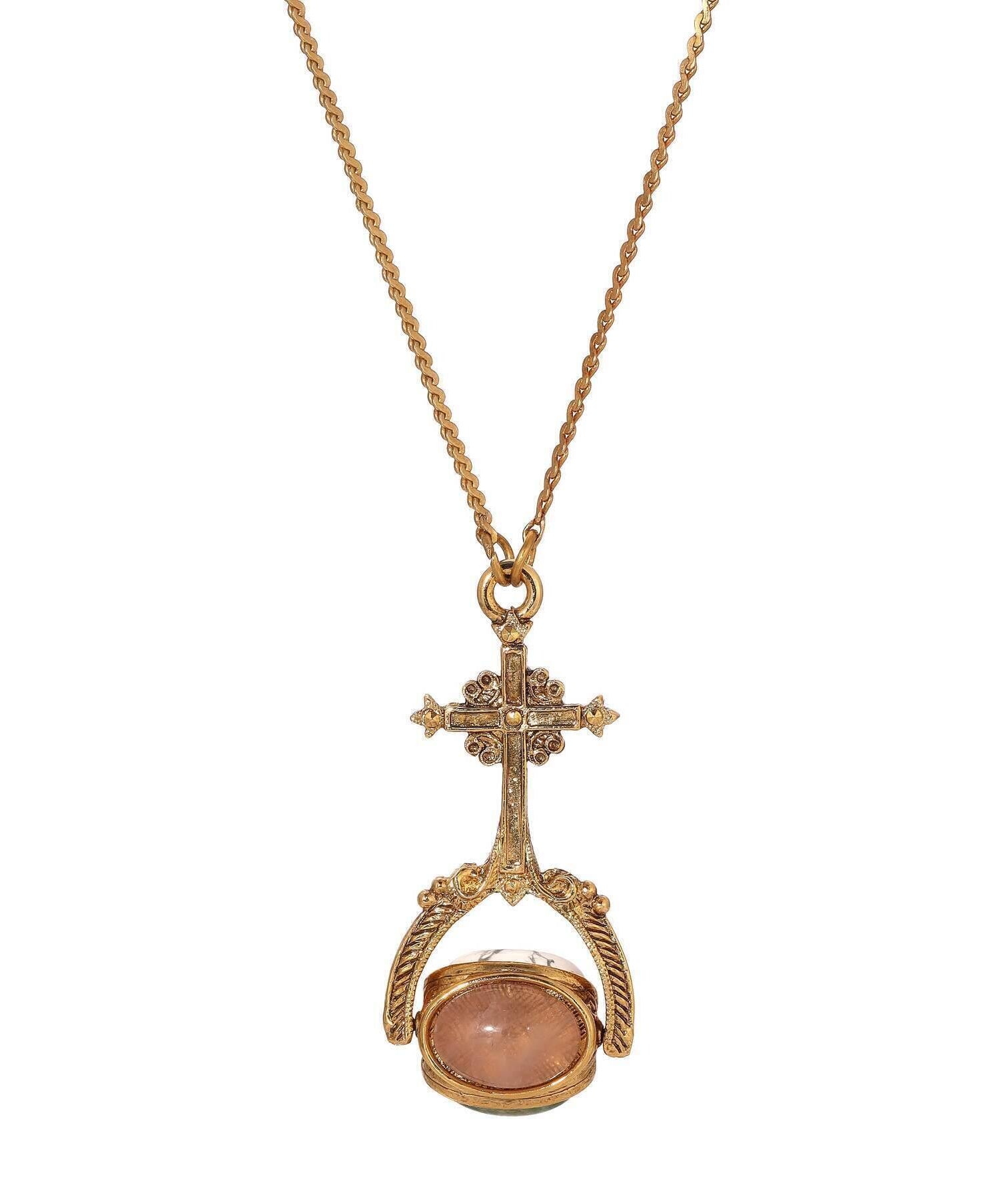 Symbols Of Faith Rotating 3 Sided Gemstones Cross Spinner Pendant Necklace 30"