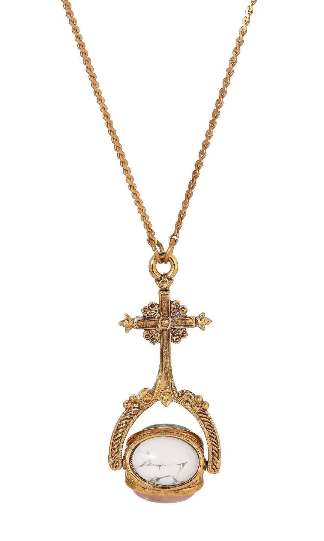 Symbols Of Faith Rotating 3 Sided Gemstones Cross Spinner Pendant Necklace 30"