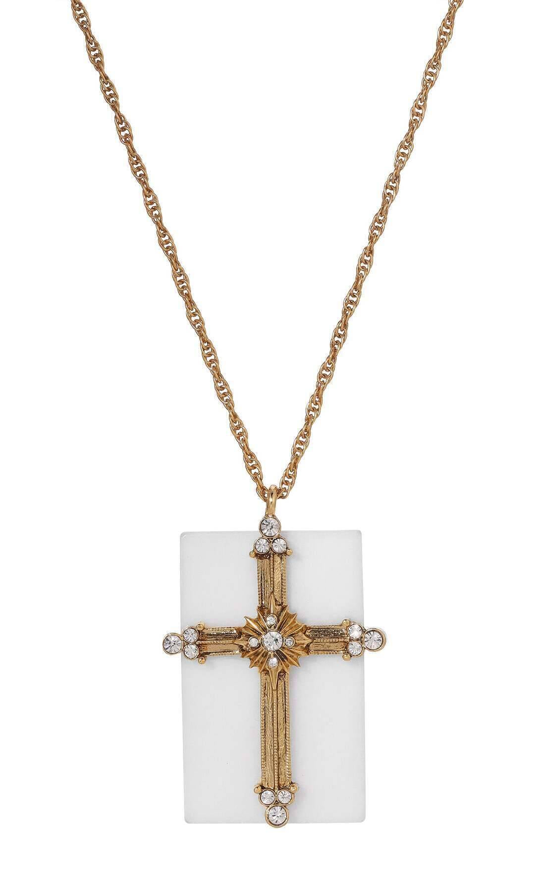 Symbols Of Faith Radiant Crystal Cross & White Quartz Gemstone Pendant Necklace 28"
