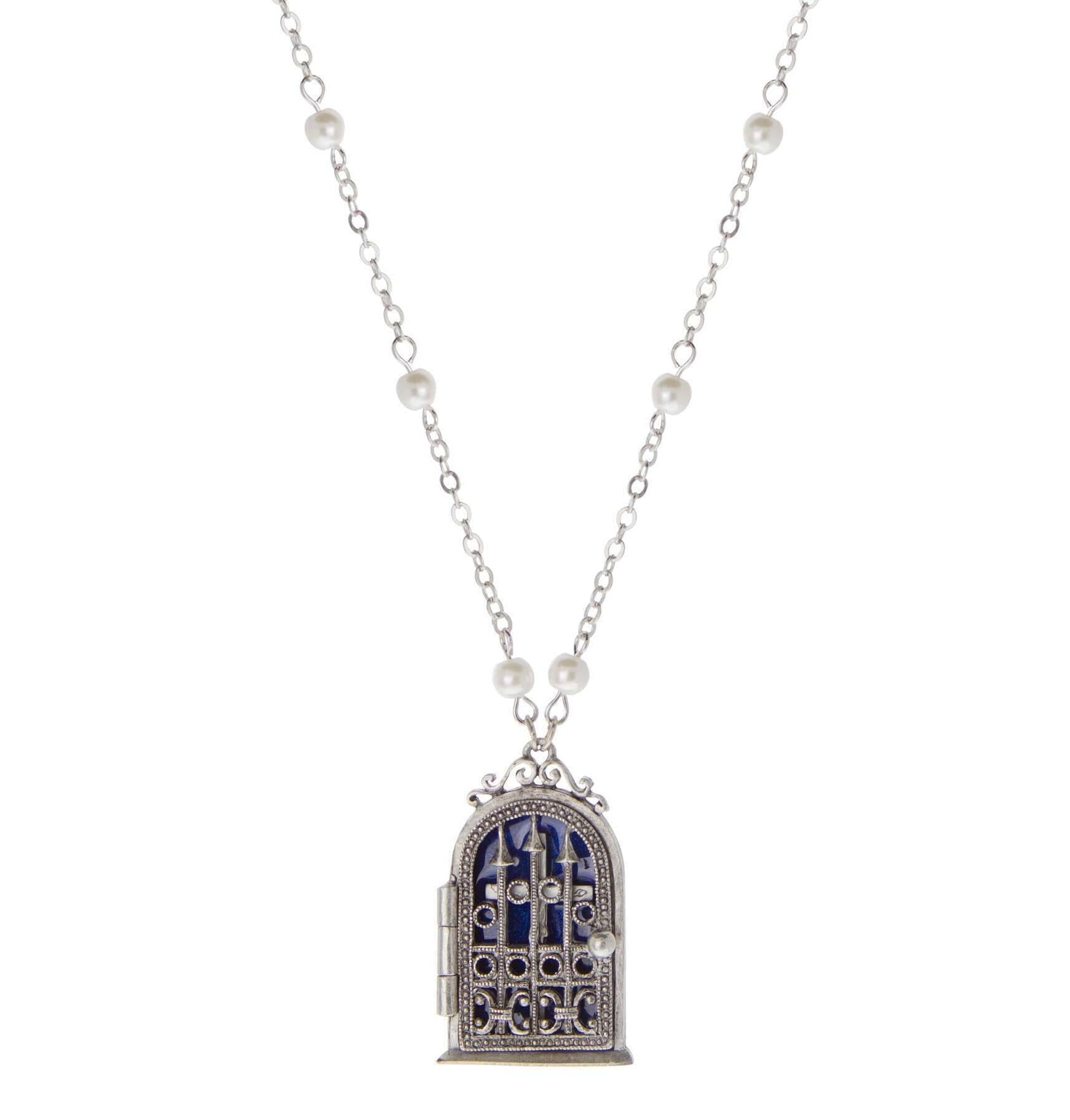 Symbols Of Faith Gate & Crucifix Blue Enamel Reliquary Necklace 24"