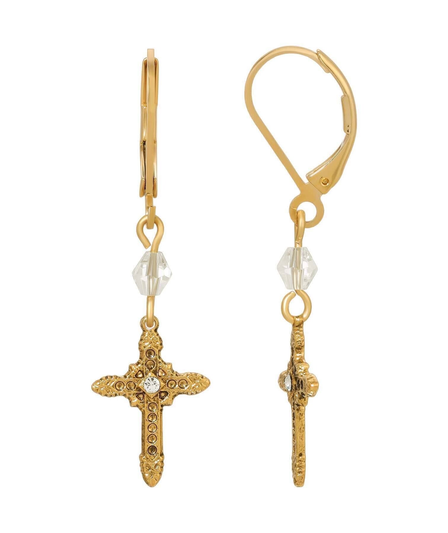 Symbols Of Faith Ornate Cross With Crystal & Lantern Bead Dangling Earrings
