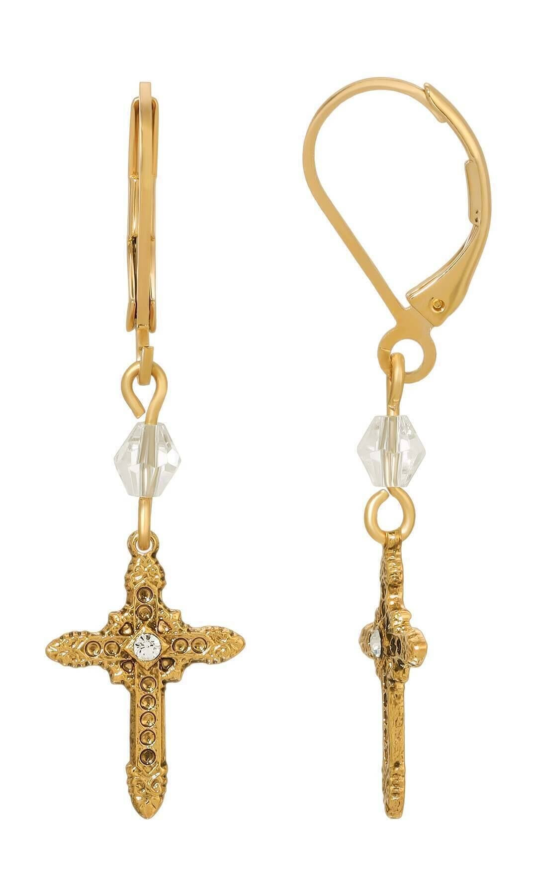 Symbols Of Faith Ornate Cross With Crystal & Lantern Bead Dangling Earrings