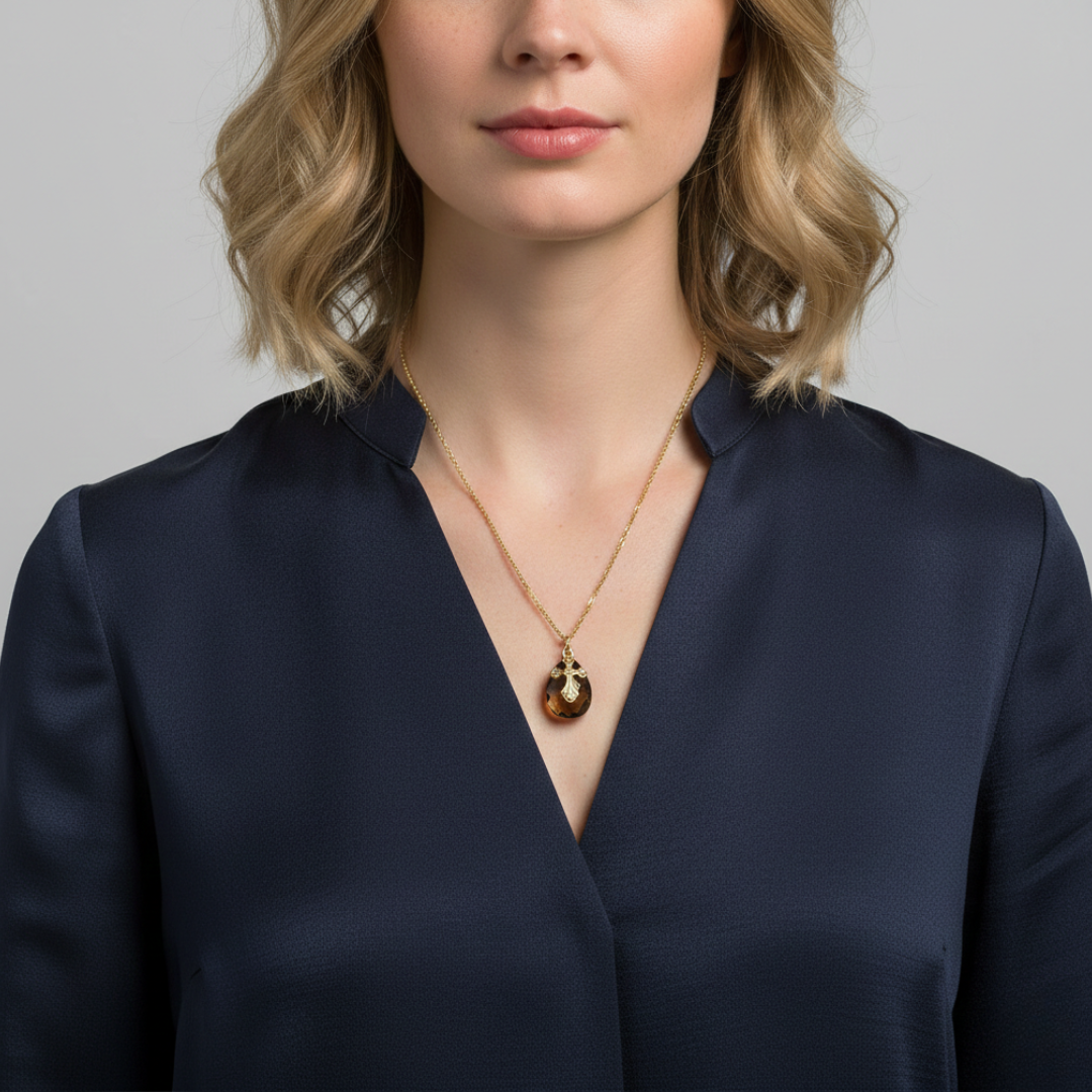 Woman wearing a gold necklace with a crystal held by a cross on the pendant against a neutral background