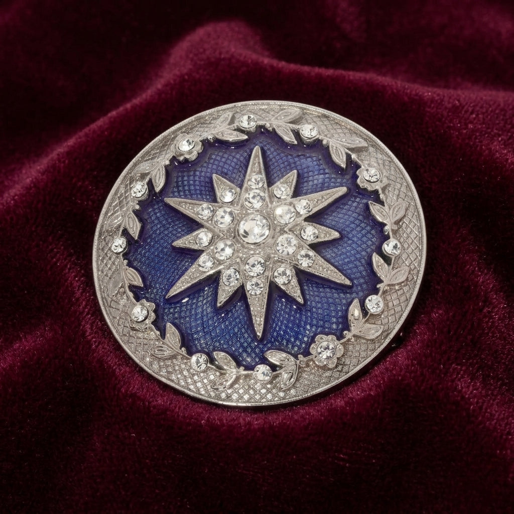 Decorative brooch with Star of Bethlehem design on a blue background, placed on a red fabric surface.
